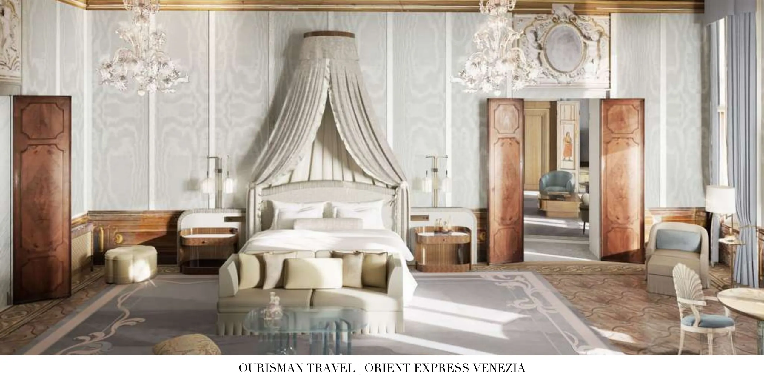 Bedroom with classic Venetian décor at Orient Express Venice Hotel