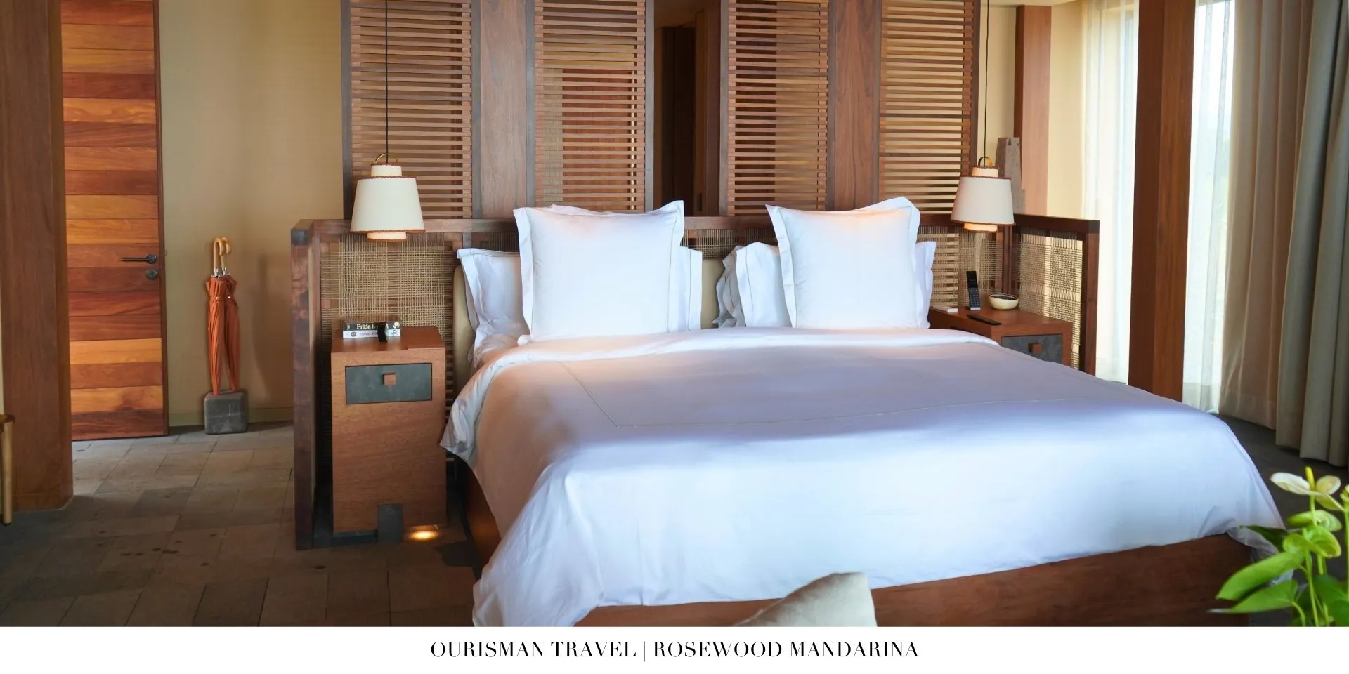 Elegant guest bedroom at Rosewood Mandarina featuring natural textures and expansive ocean views