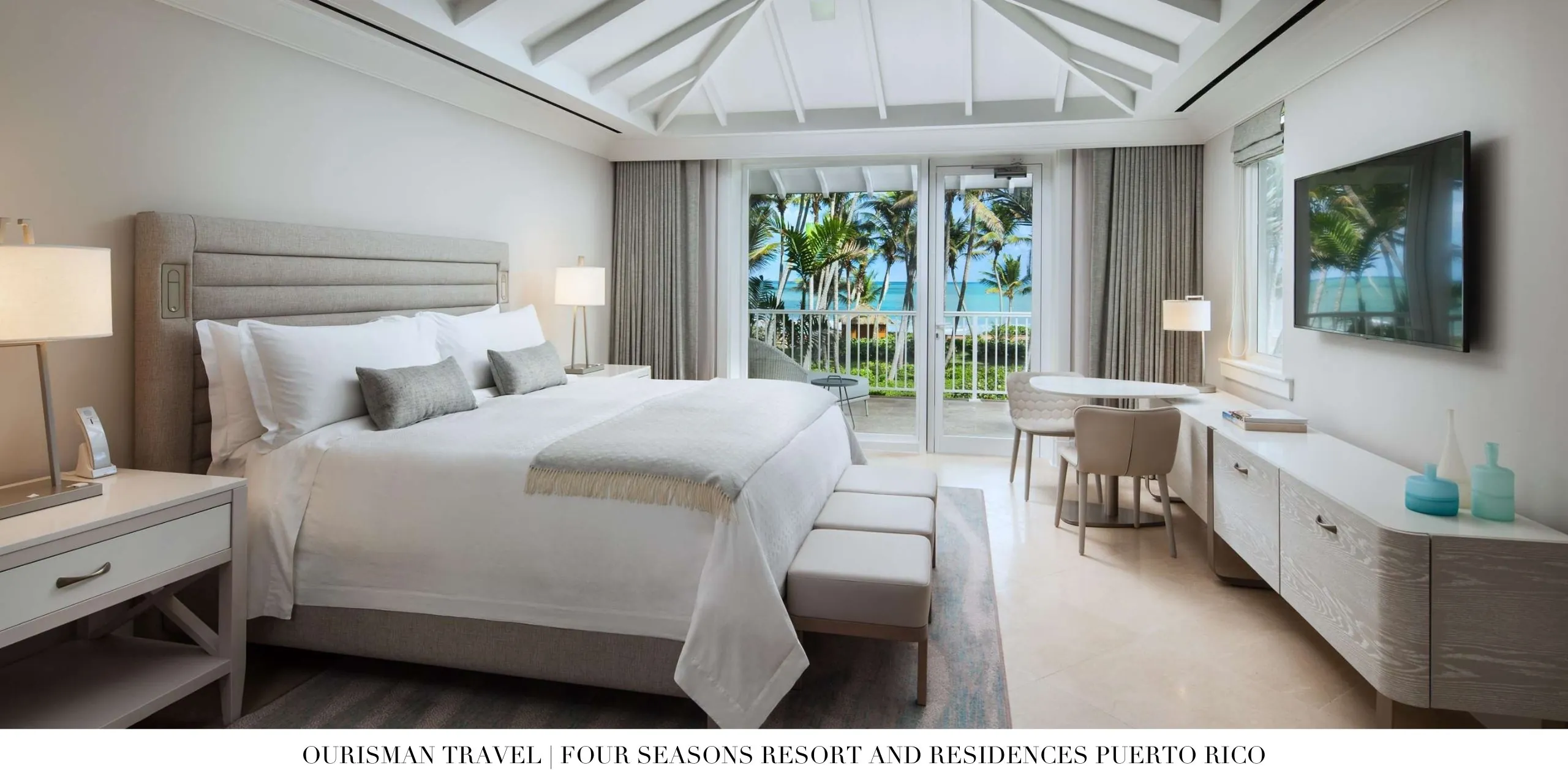 Bedroom with tropical-inspired décor at Four Seasons Puerto Rico