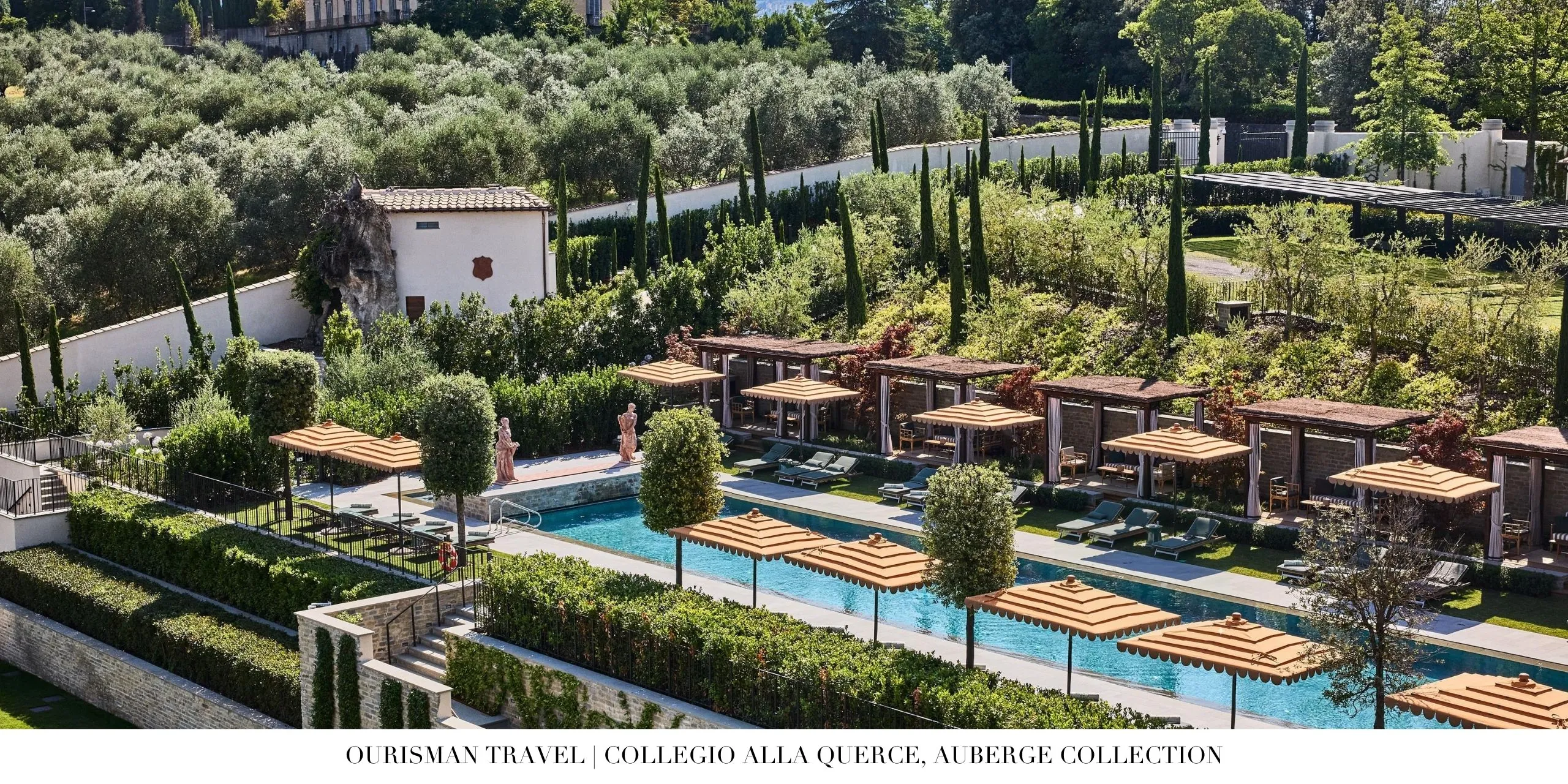 Relaxation area by the pool with panoramic city and garden views at Collegio alla Querce