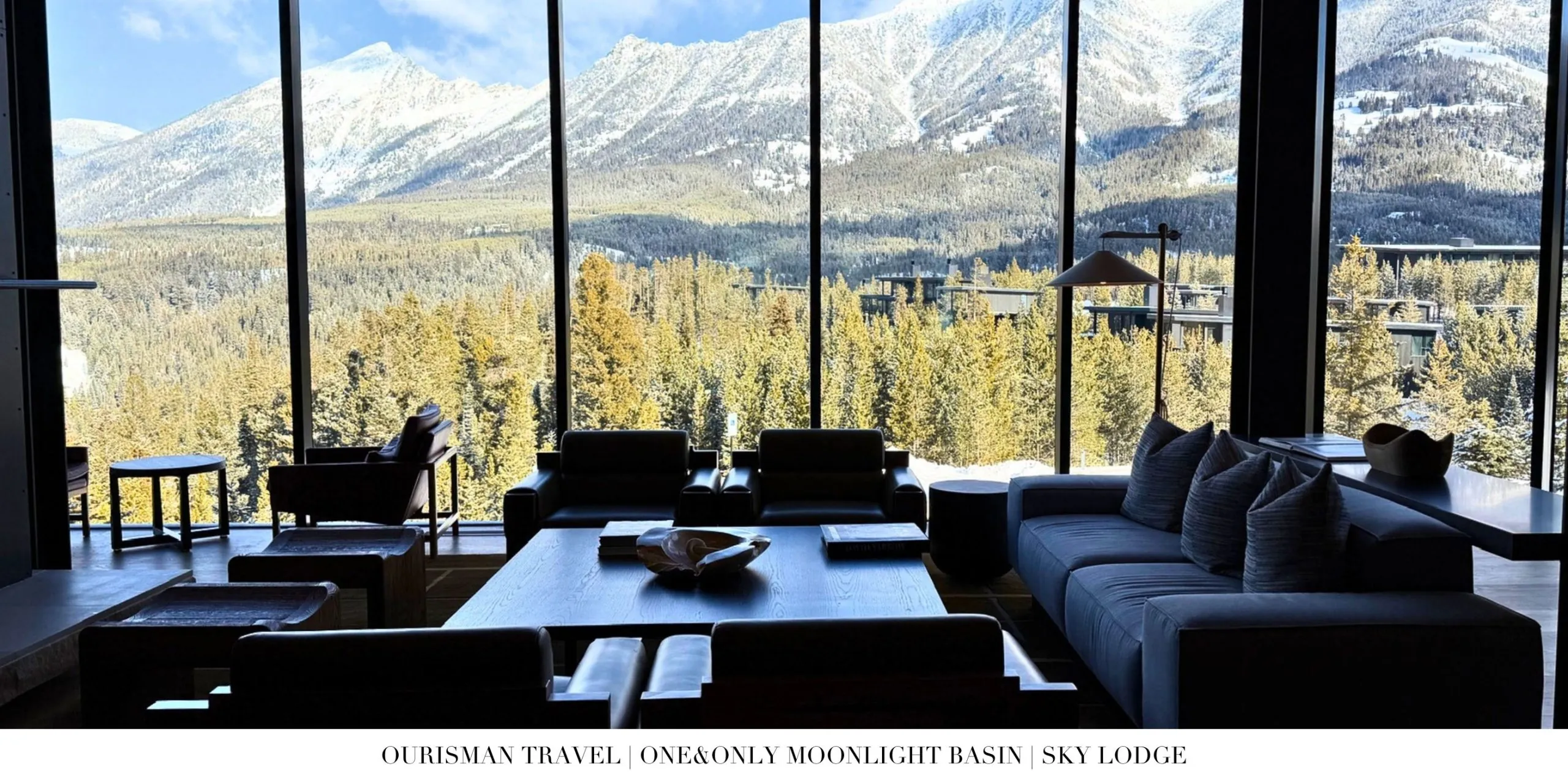 Fireplace lounge at Sky Lodge in One&Only Moonlight Basin with plush seating and rustic-chic alpine décor.