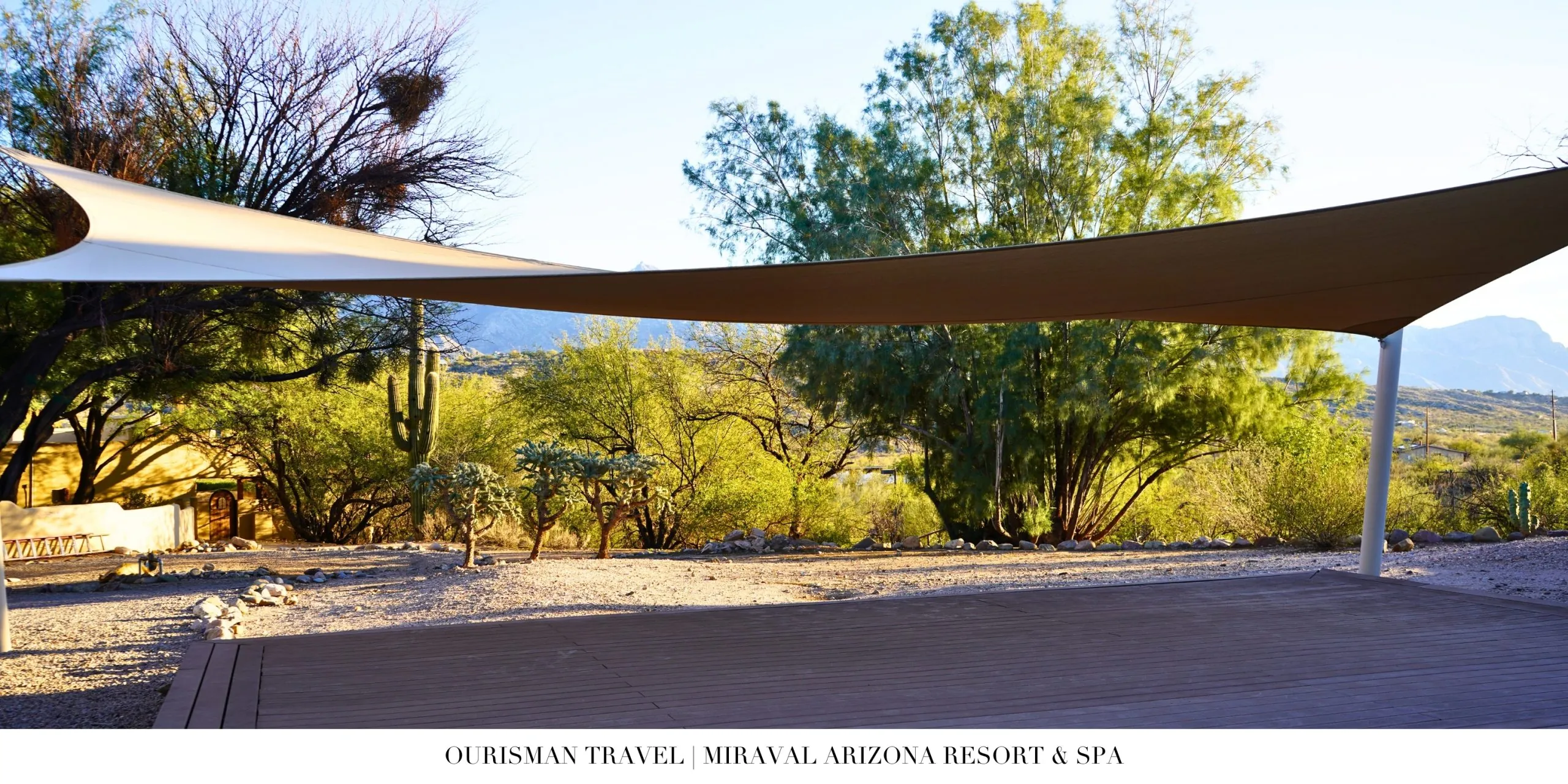 Shaded walking path at Miraval Arizona Resort with desert views