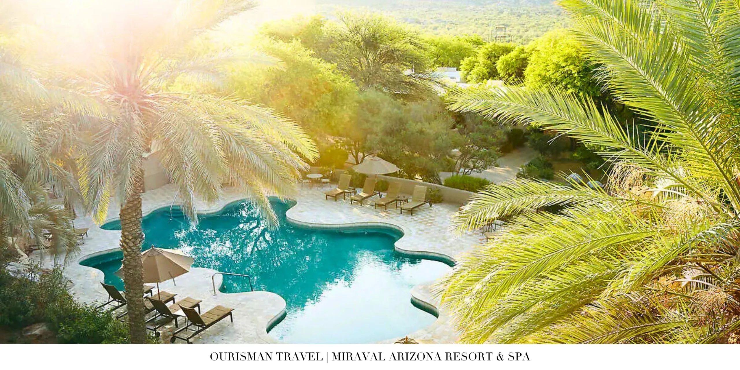 Main pool at Miraval Arizona Resort surrounded by desert landscaping