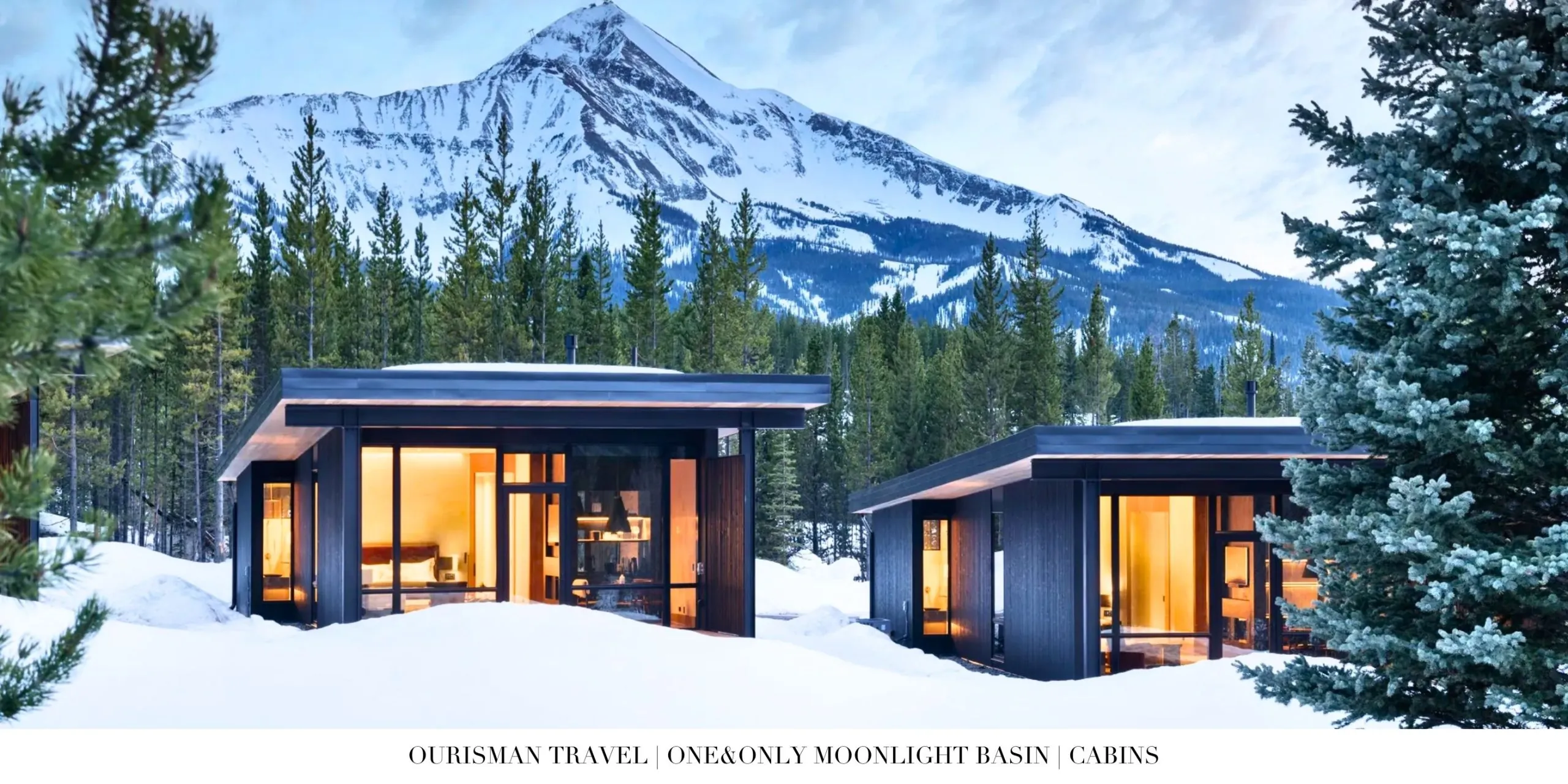Private cabin accommodation at One&Only Moonlight Basin featuring standalone alpine design, expansive windows, and forested mountain views in Big Sky, Montana.