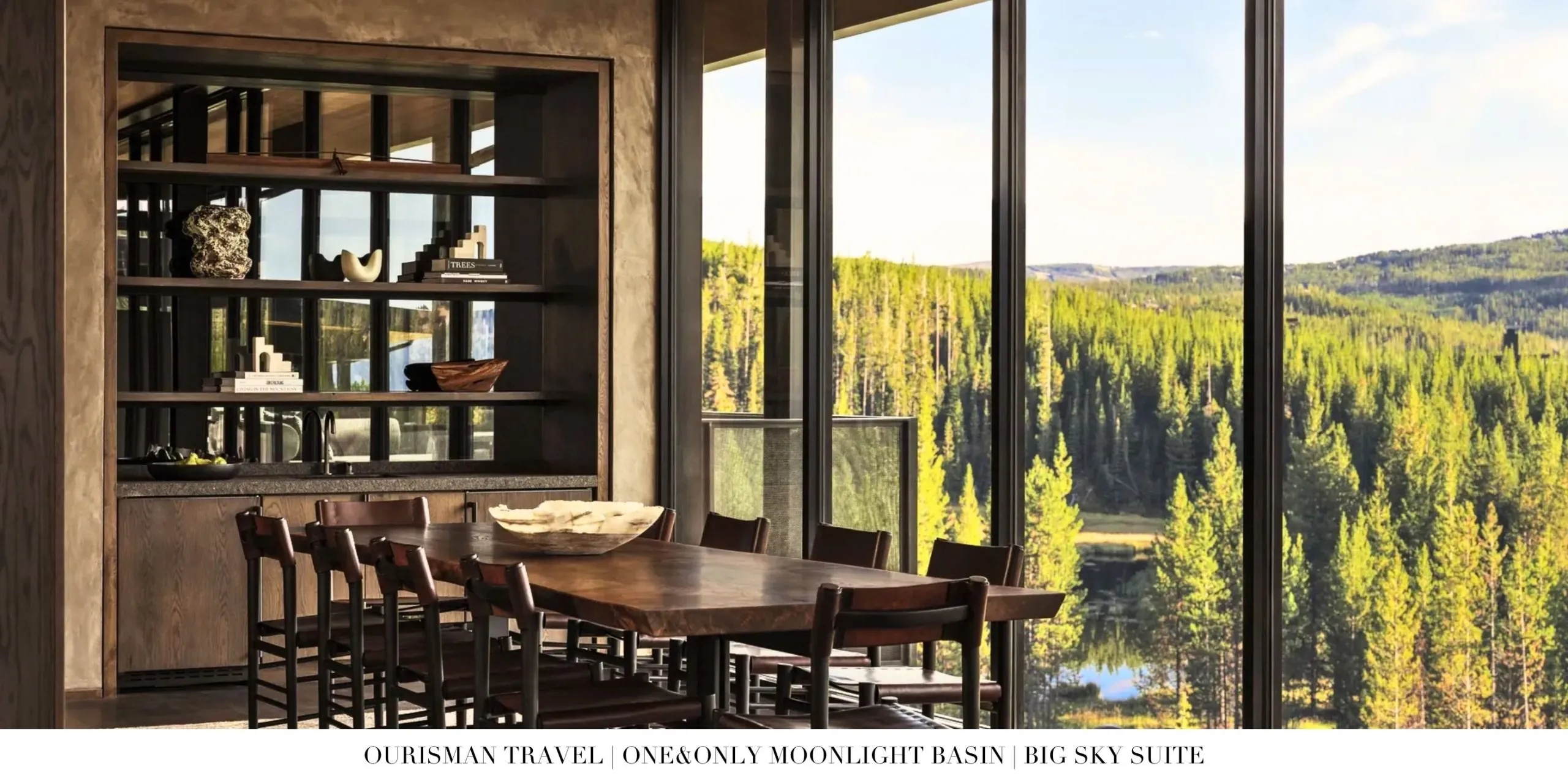 Private in-suite dining experience in the Big Sky Suite at One&Only Moonlight Basin featuring a beautifully set table, locally inspired cuisine, and panoramic mountain views in Big Sky, Montana.