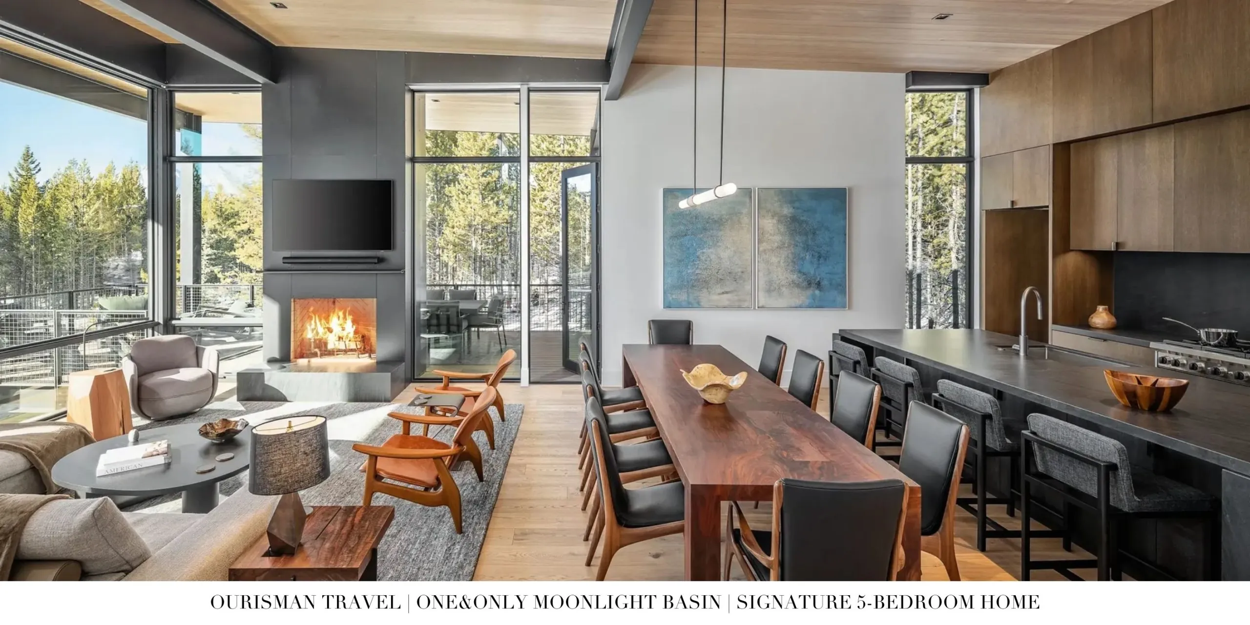 Open-concept kitchen and dining area inside a private home at One&Only Moonlight Basin designed for family gatherings in a mountain setting.