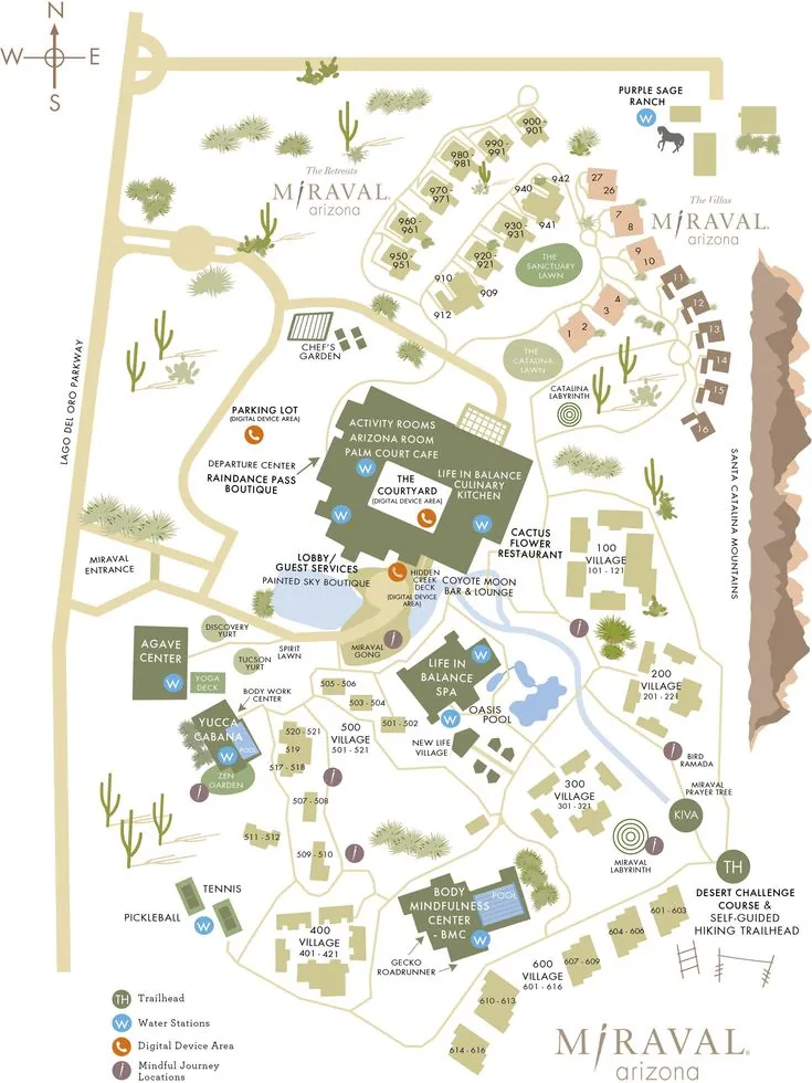 Miraval Arizona Resort map highlighting guest accommodations, spa, dining venues, and wellness activity locations across the Sonoran Desert property