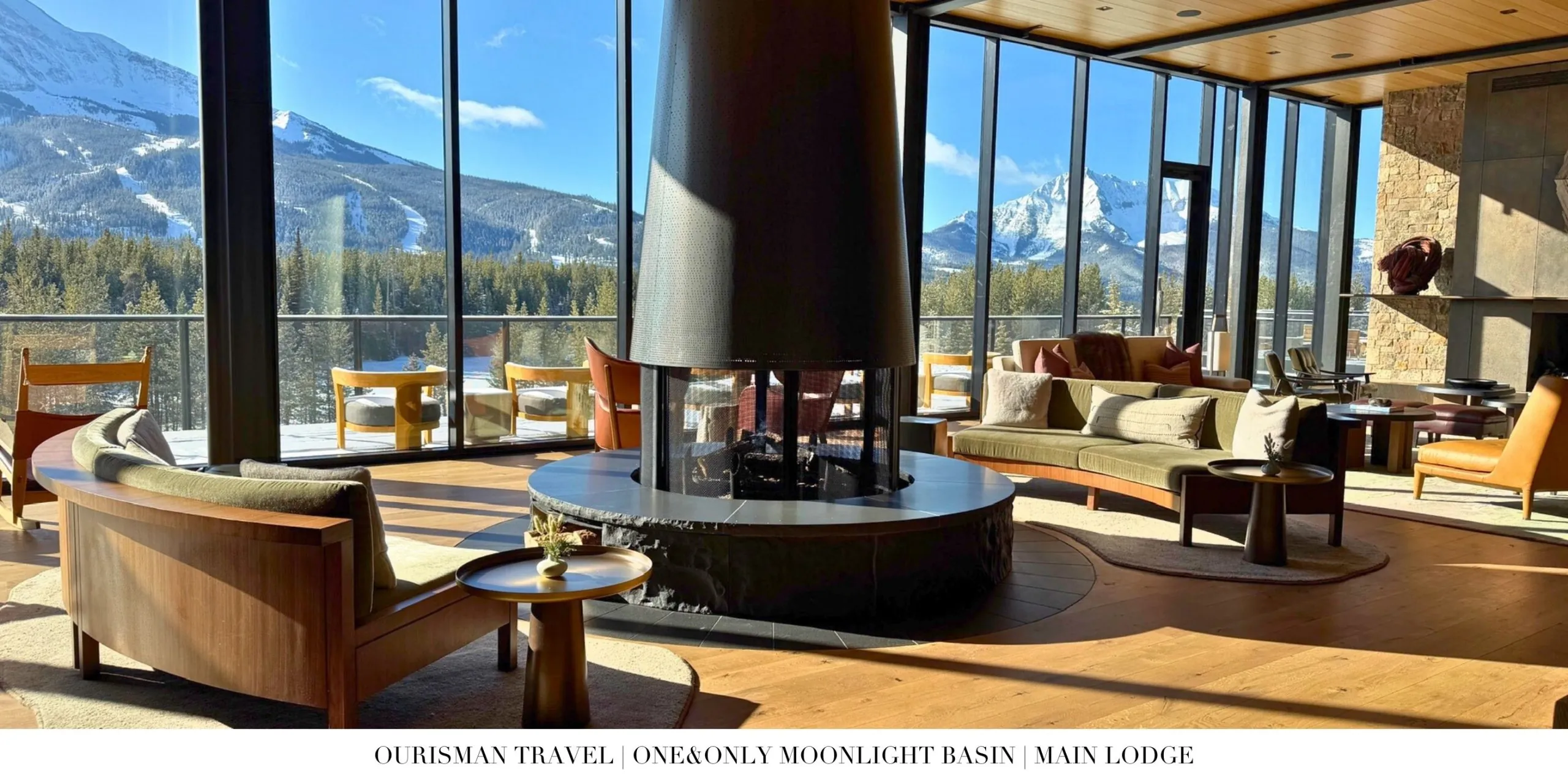 Open-concept gathering space within the Main Lodge at One&Only Moonlight Basin designed for relaxation and socializing.
