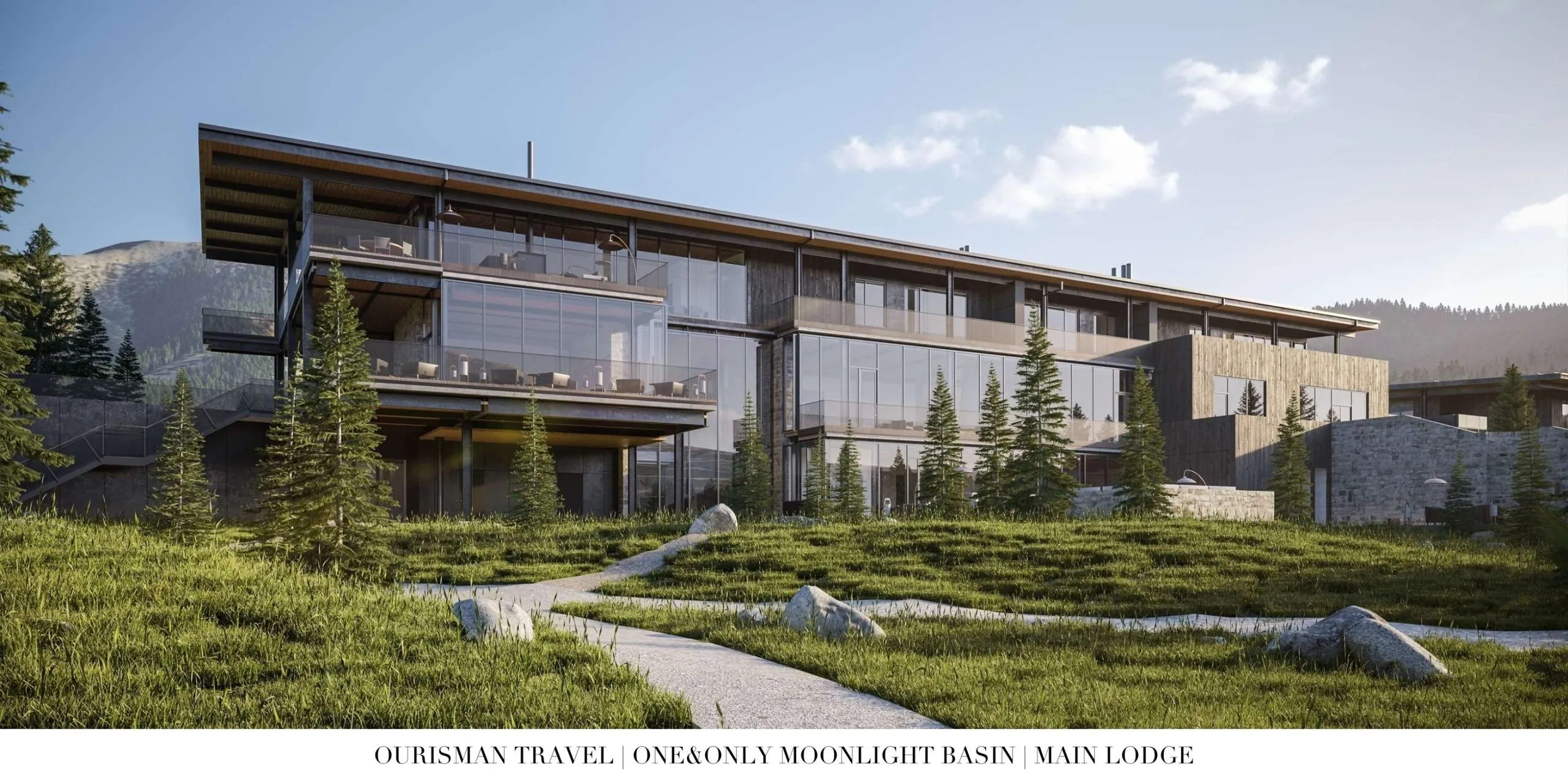 One&Only Moonlight Basin resort exterior in Big Sky, Montana, showcasing modern alpine architecture set against sweeping mountain views.