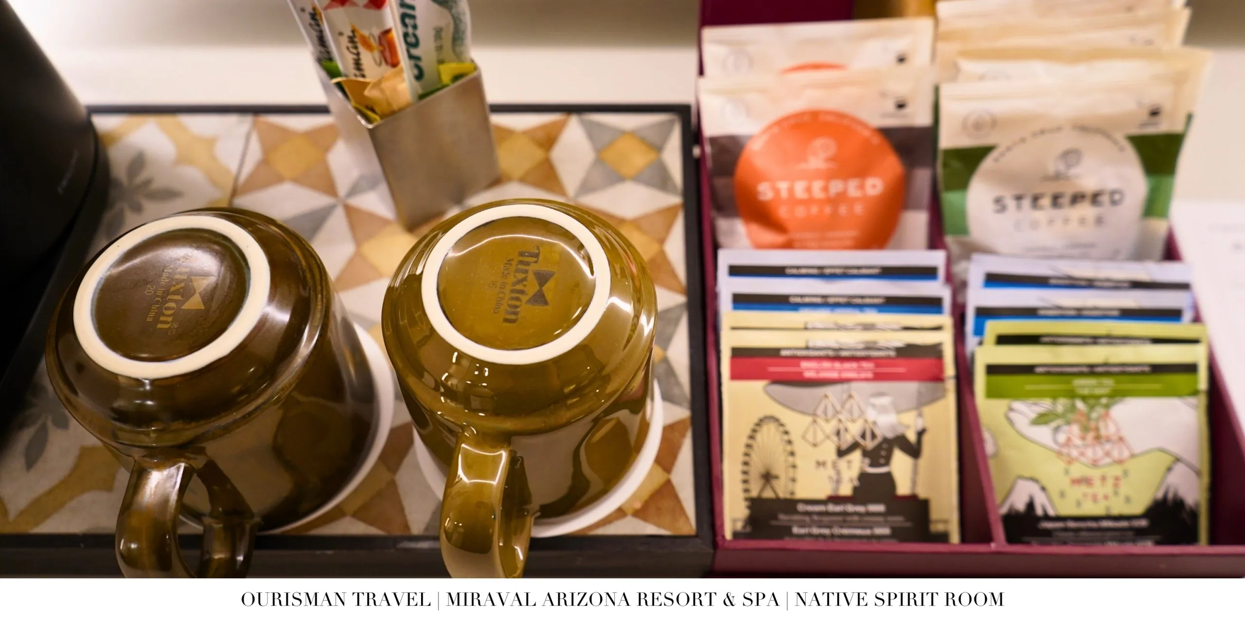 Tea and coffee setup inside a Native Spirit Room at Miraval Arizona Resort