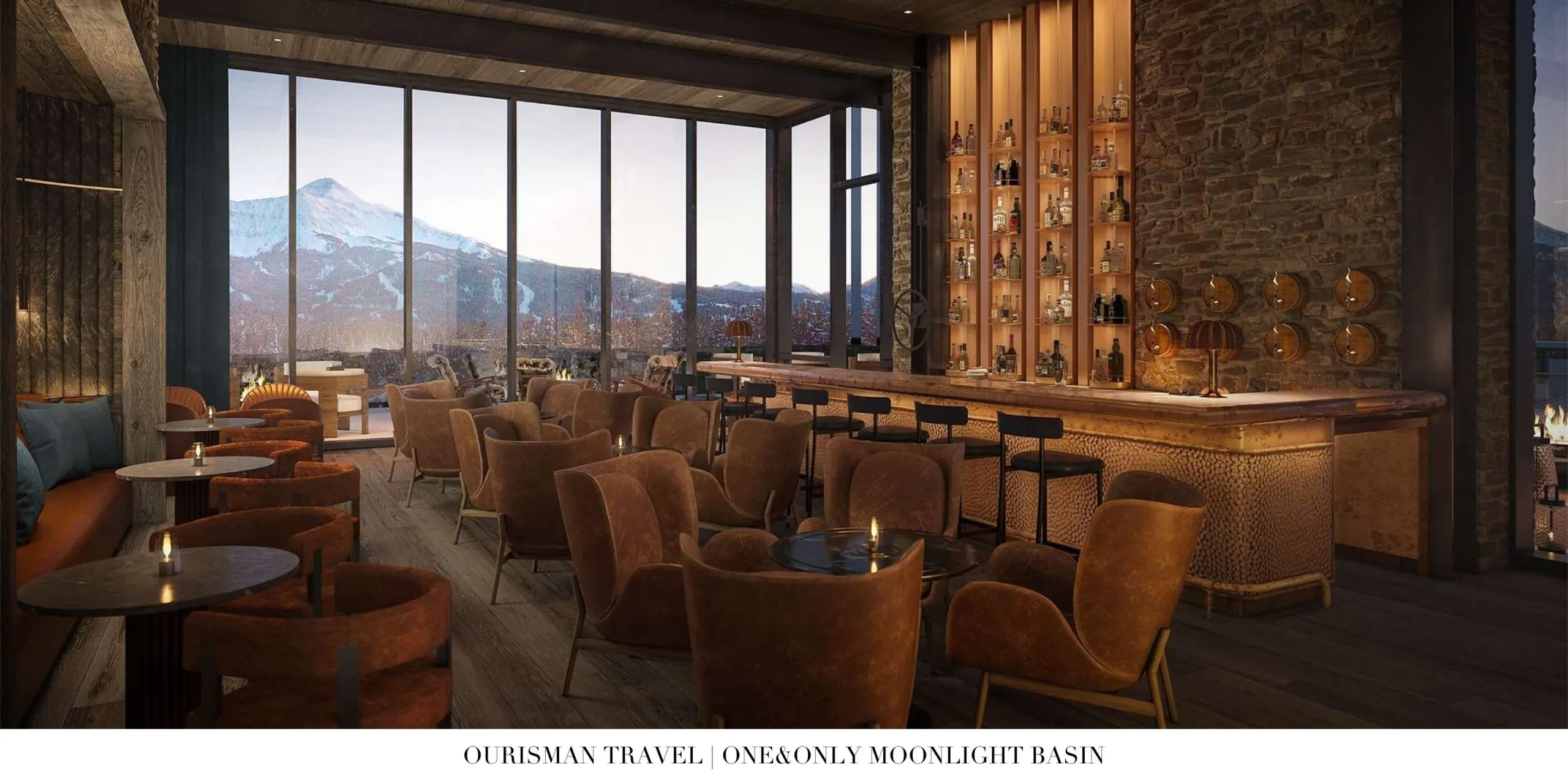 Cozy seating area inside the Main Lodge at One&Only Moonlight Basin with stone fireplace and refined mountain décor.