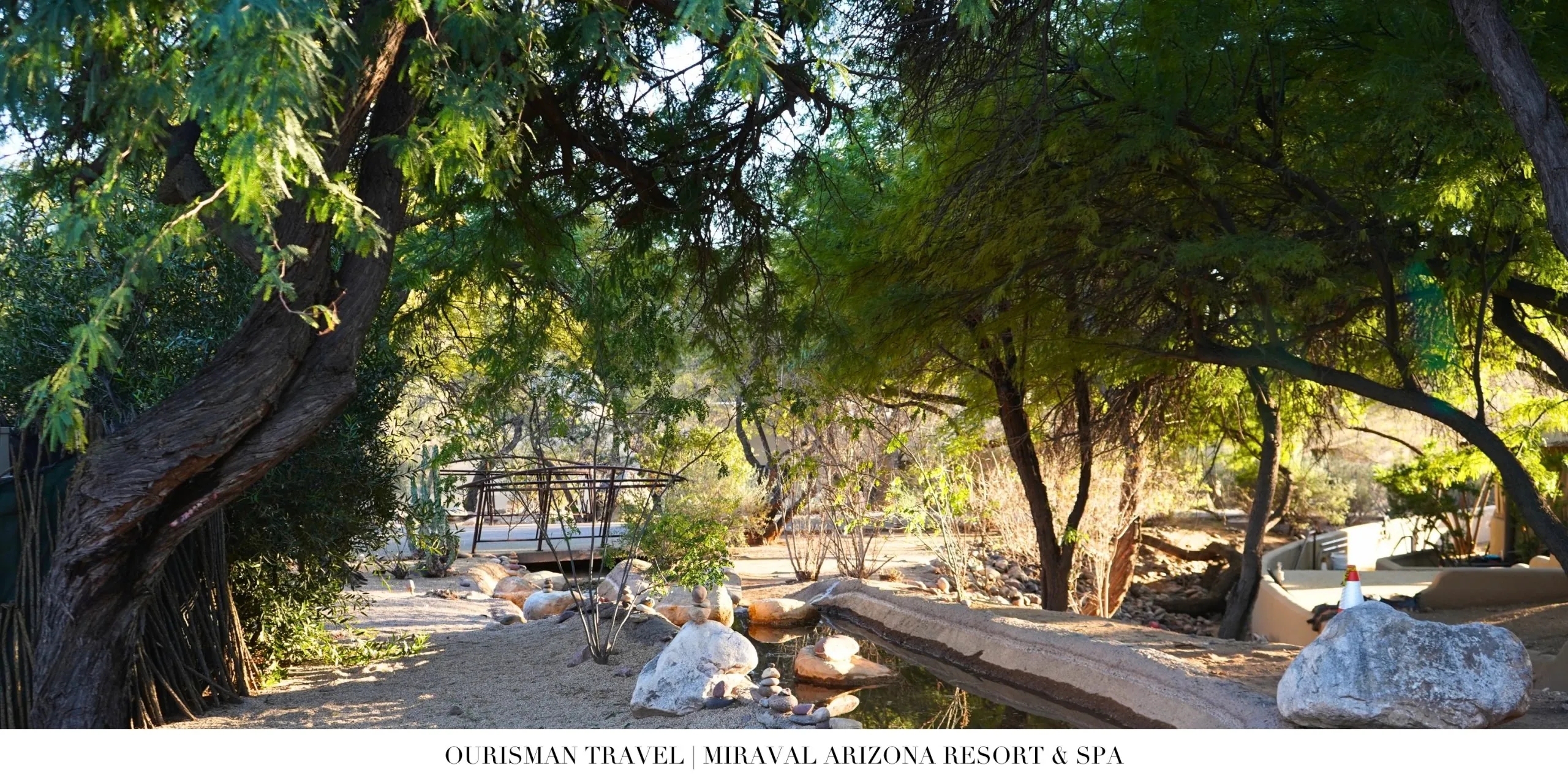 Quiet outdoor seating area at Miraval Arizona Resort surrounded by desert trees near Tucson