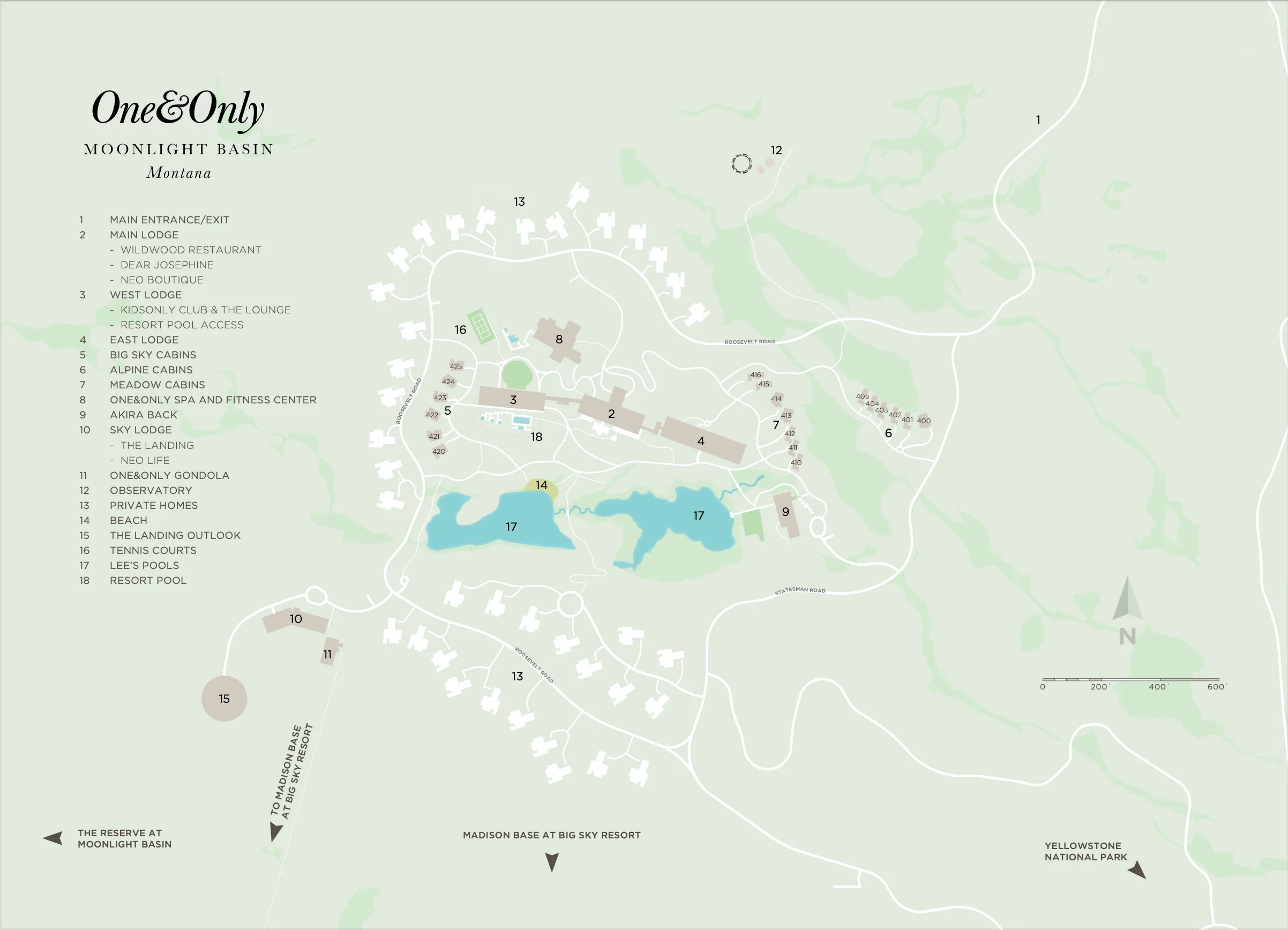 Illustrated resort map of One&Only Moonlight Basin in Big Sky, Montana, highlighting guest rooms, Sky Lodge, spa, dining venues, lake, ski access points, and surrounding mountain landscape.