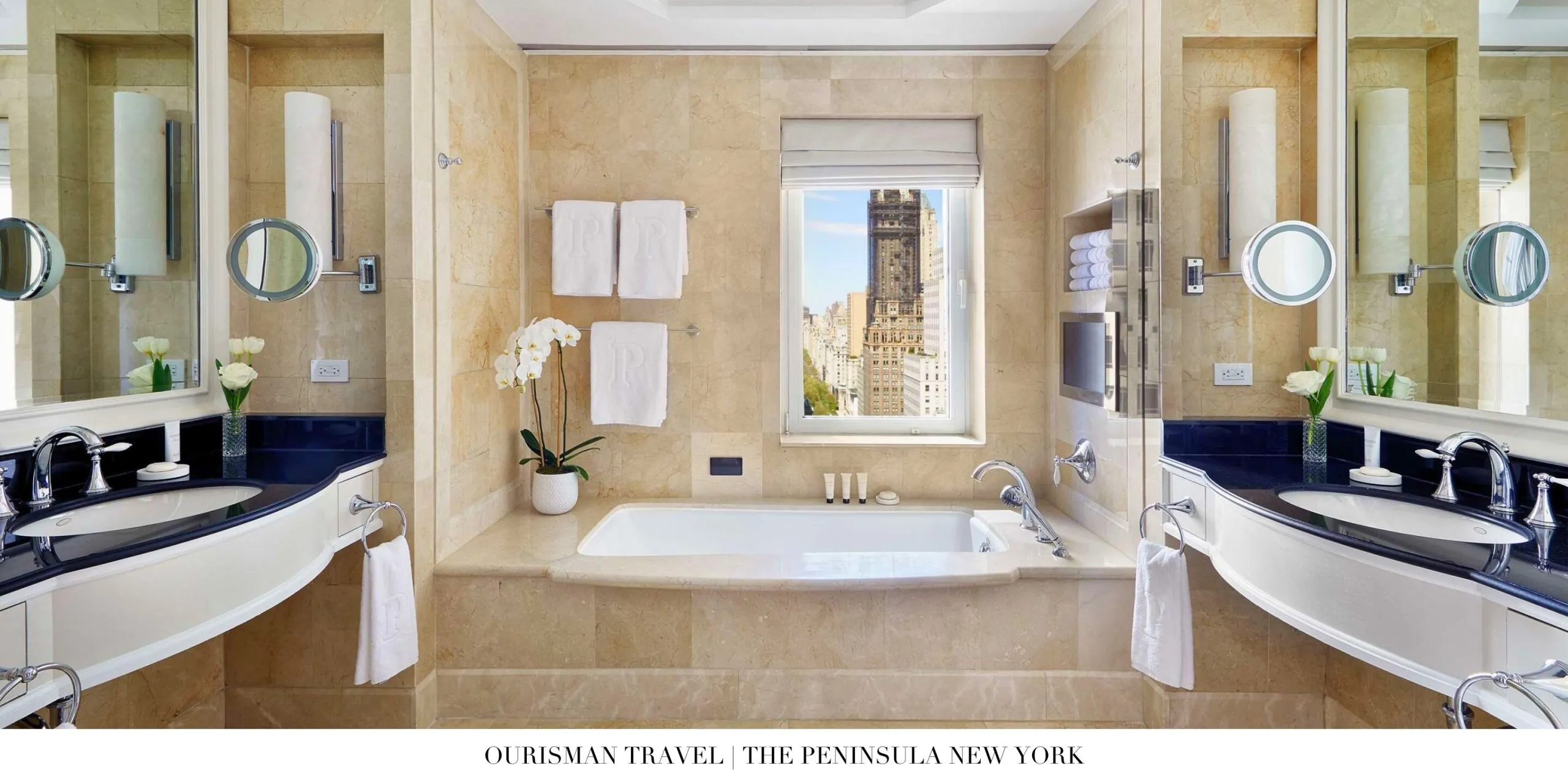 Marble bathroom and luxury amenities at The Peninsula New York
