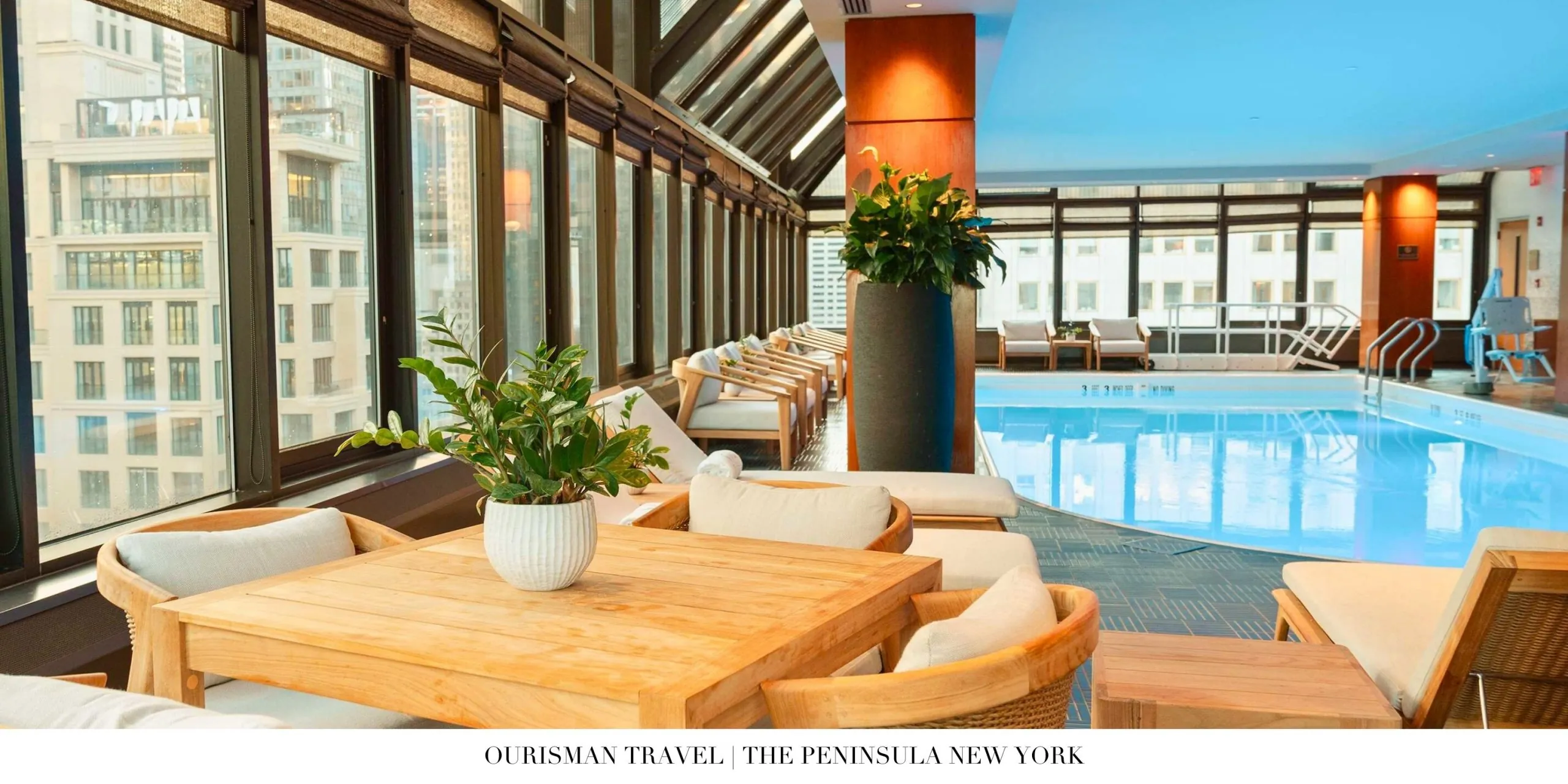 Indoor rooftop pool with natural light at The Peninsula New York