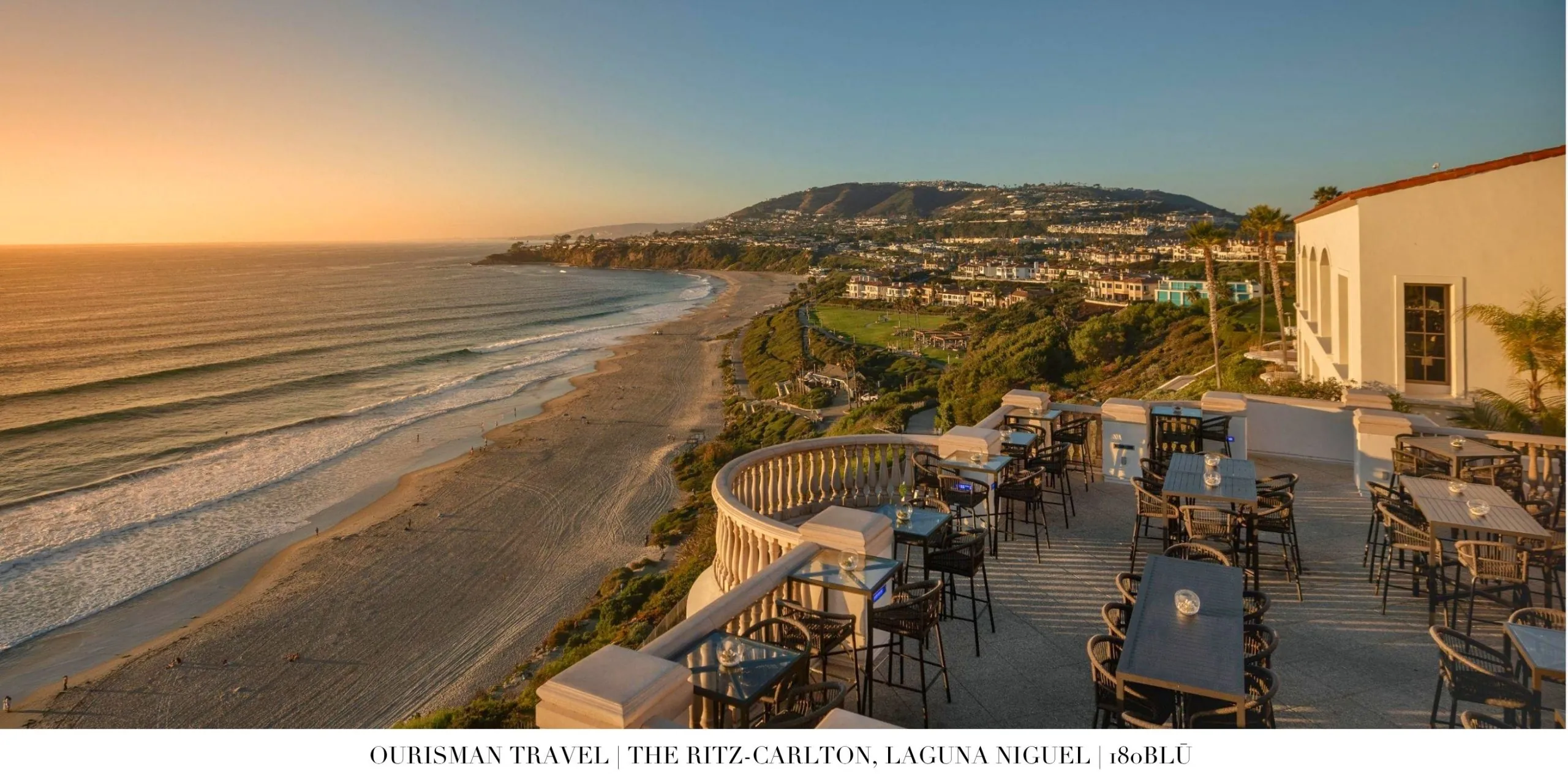 Aerial view of 180Blu rooftop bar at The Ritz-Carlton, Laguna Niguel with terrace seating