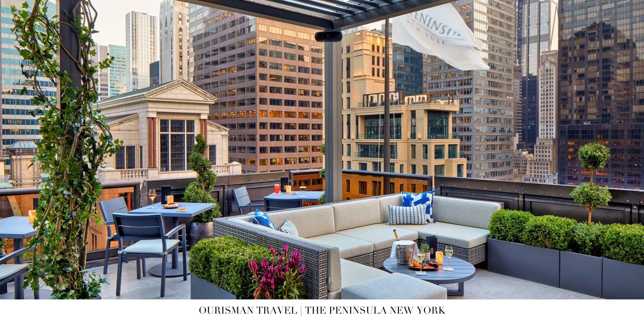 Rooftop lounge with Manhattan skyline views at The Peninsula New York