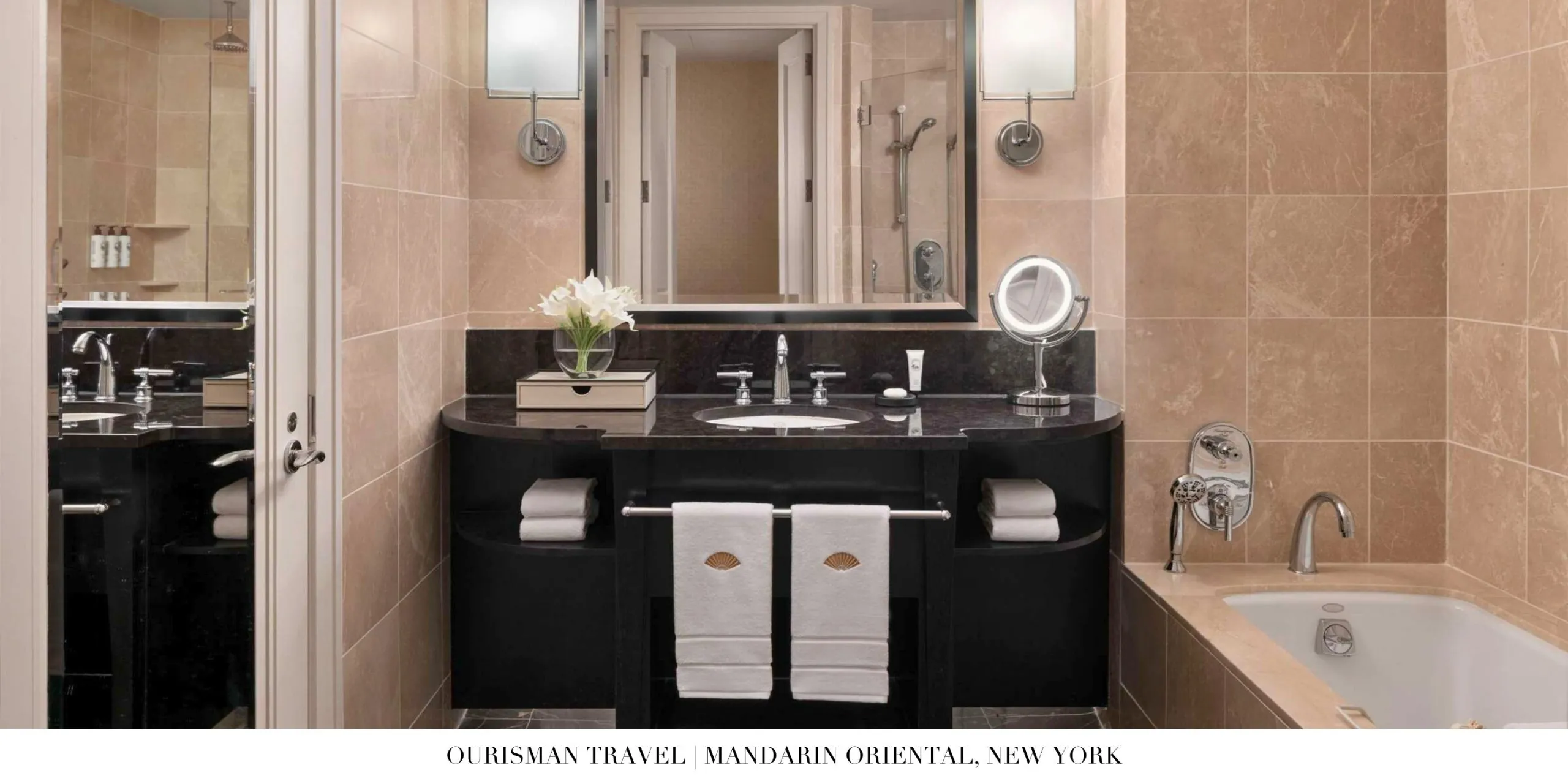 Luxury marble bathroom inside a suite at Mandarin Oriental, New York