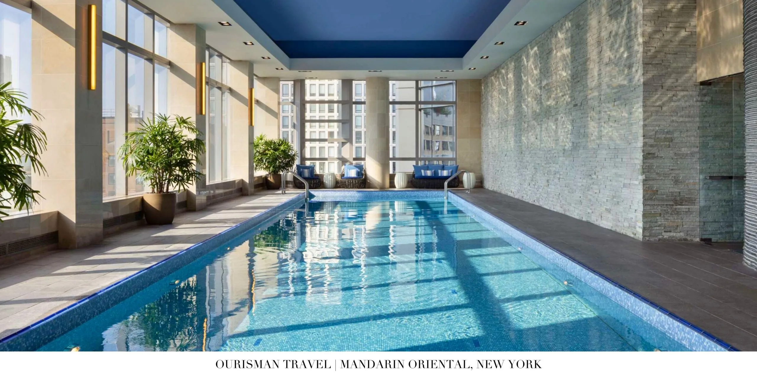 Indoor lap pool with skyline views at Mandarin Oriental, New York