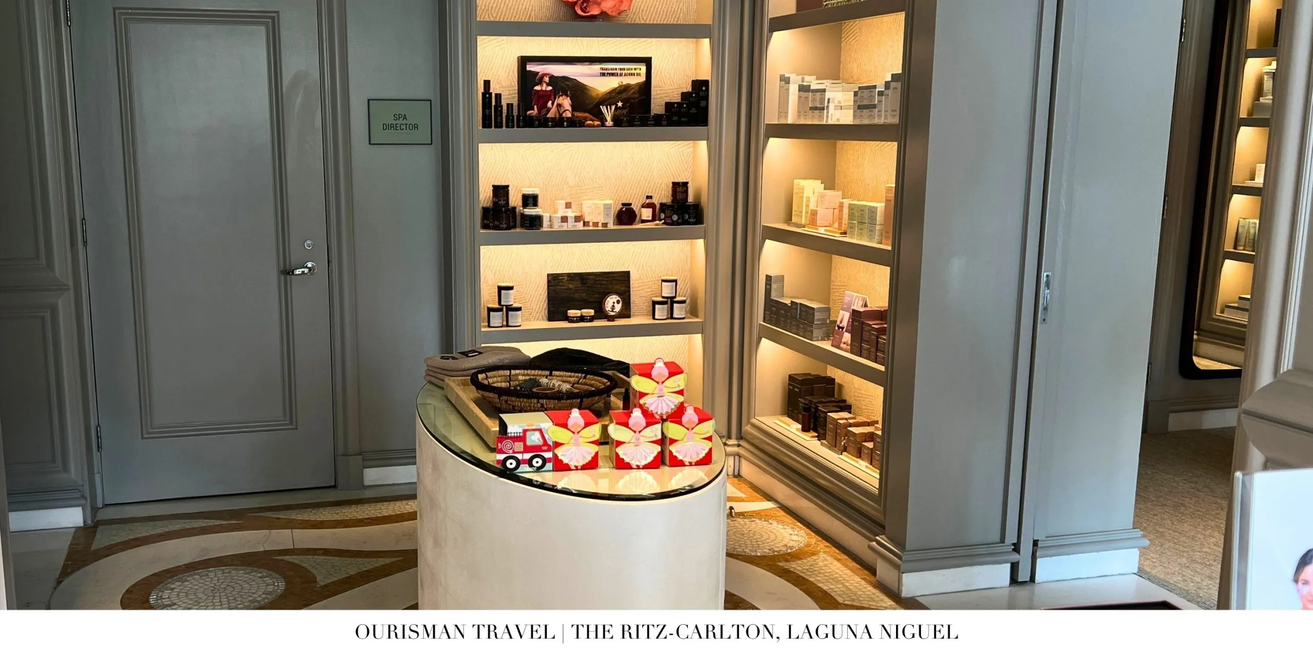 Elegant retail display inside The Ritz-Carlton, Laguna Niguel showcasing designer beachwear and upscale gifts