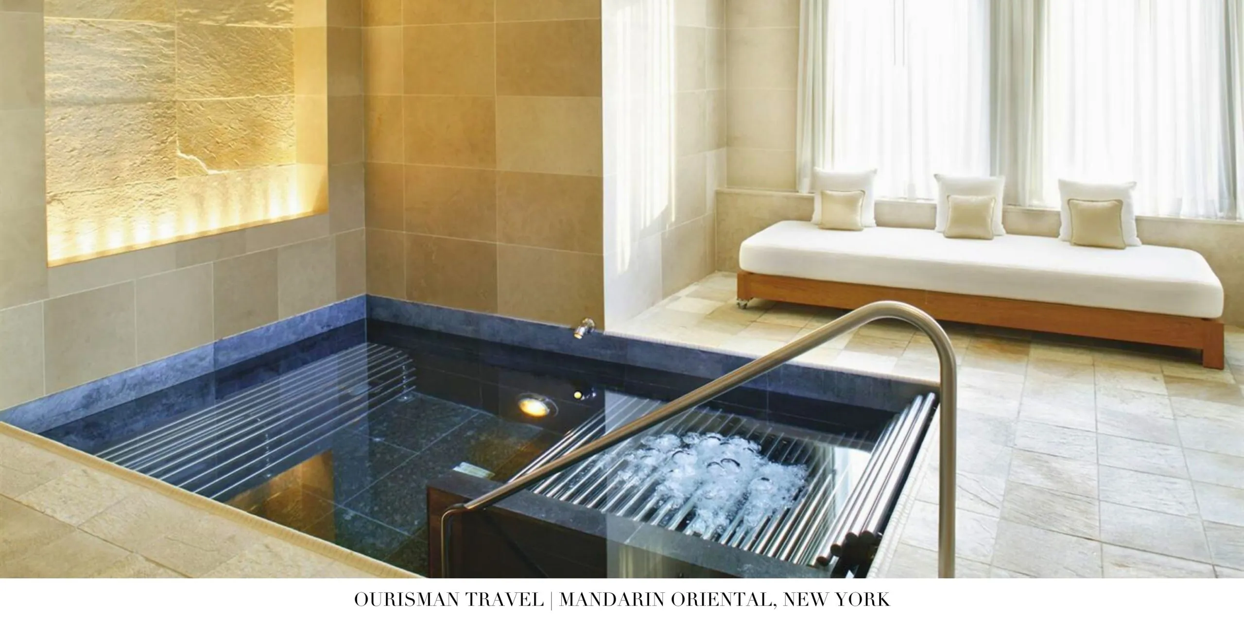 Relaxing spa pool area with lounge chairs at Mandarin Oriental, New York