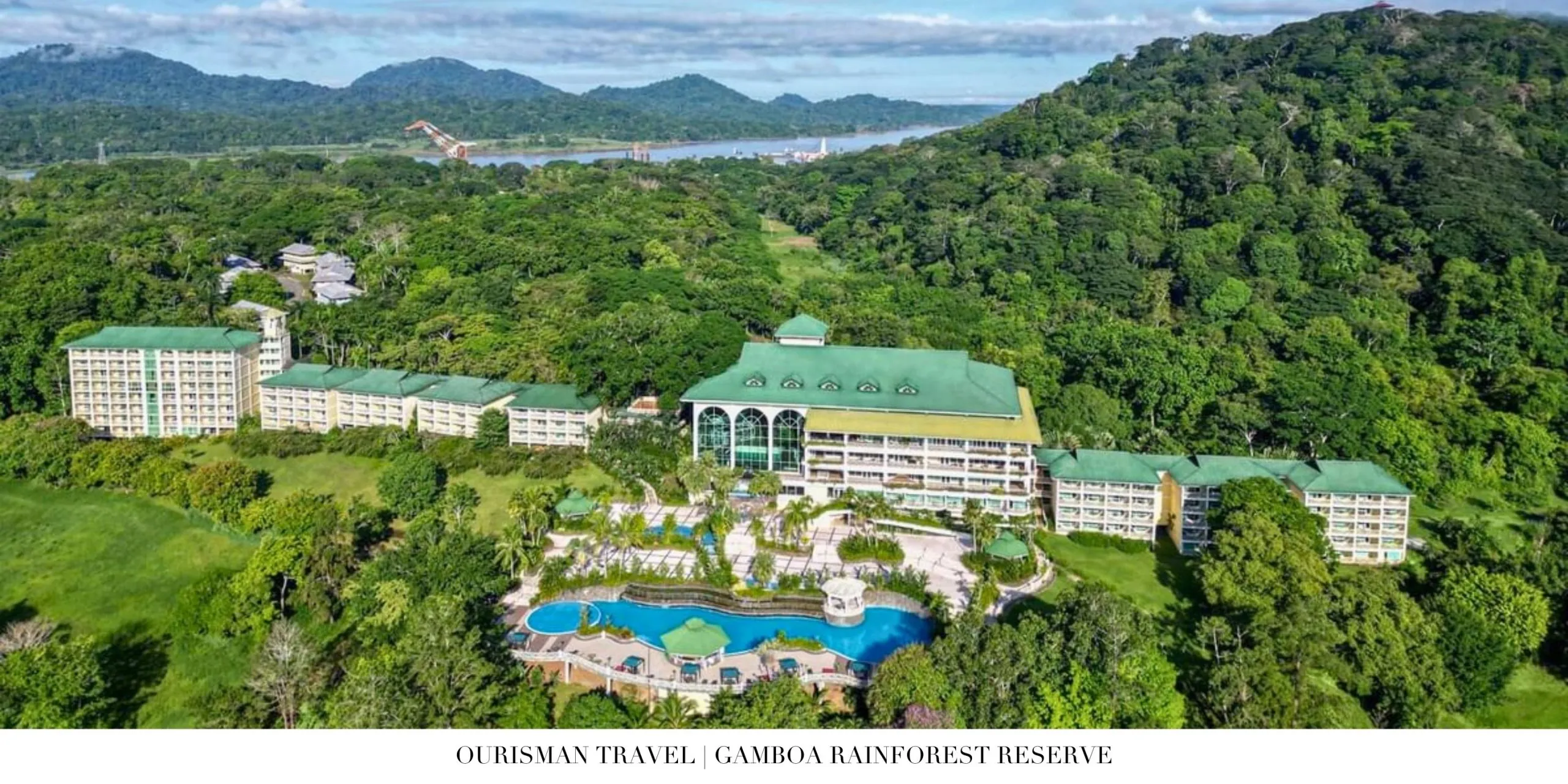Aerial view of Gamboa Rainforest Reserve surrounded by dense jungle and river