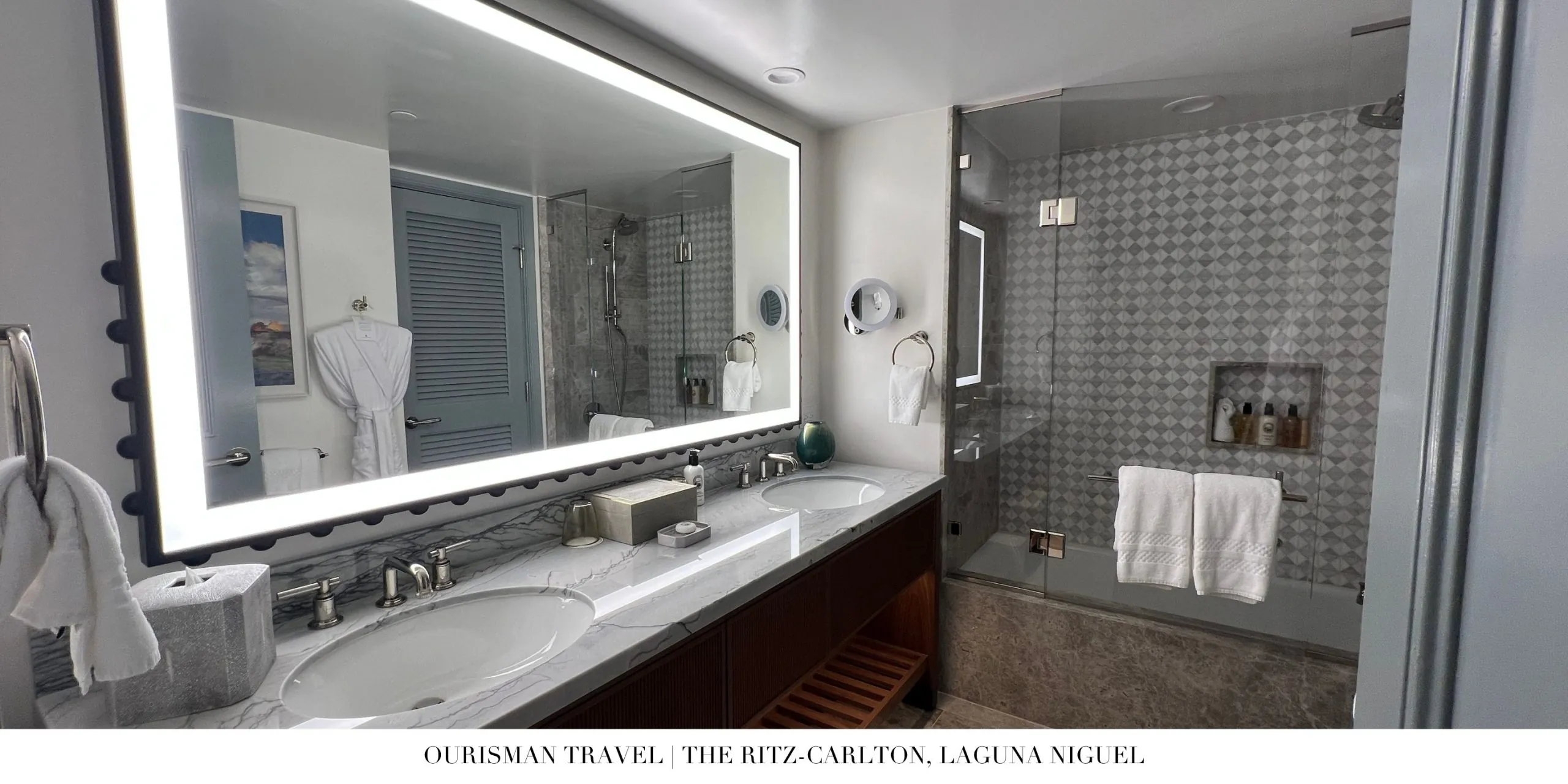 Luxurious bathroom in an ocean view room at The Ritz-Carlton, Laguna Niguel with modern fixtures