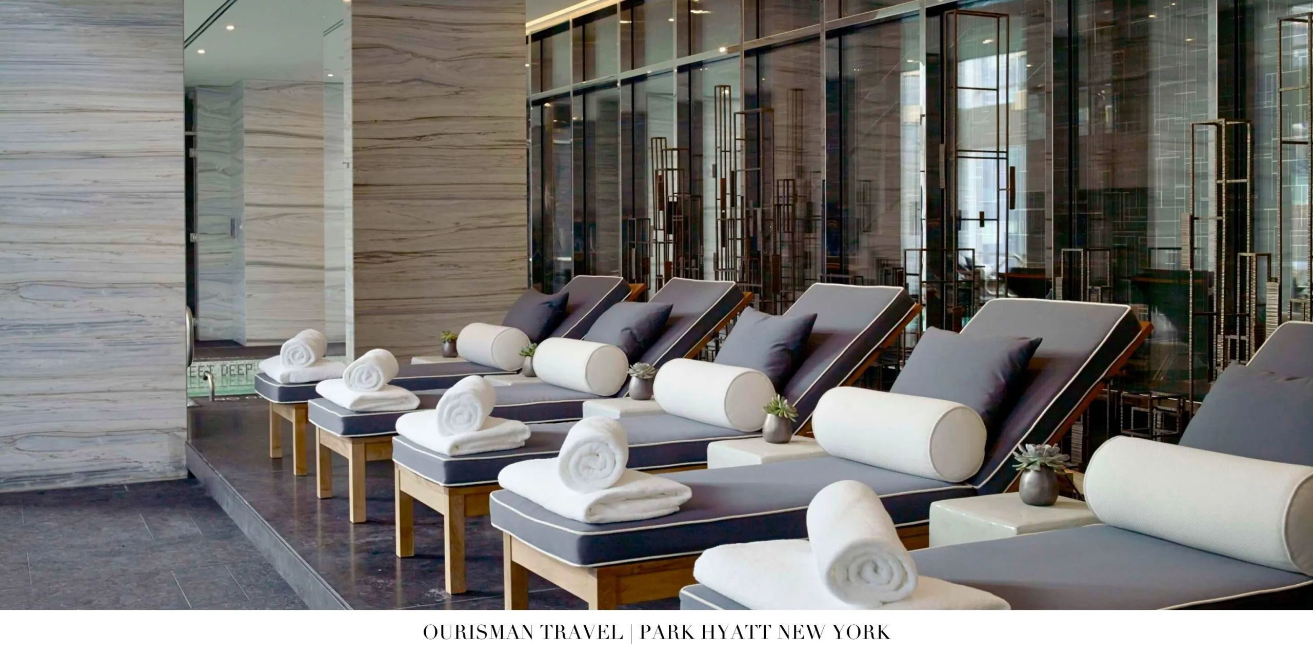 Relaxing pool deck at Park Hyatt New York with Manhattan skyline views