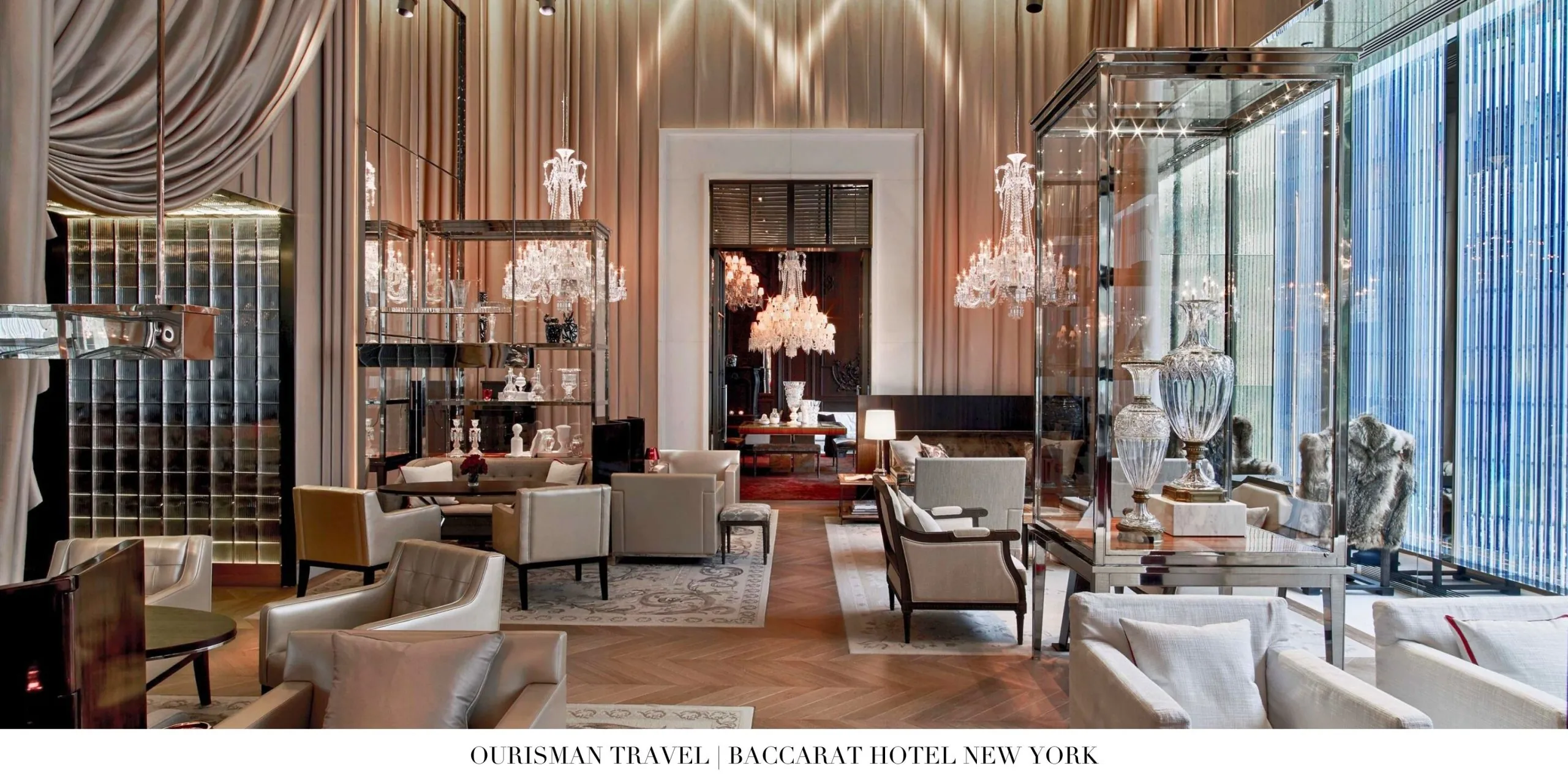 Elegant hotel lounge with city views at Baccarat Hotel New York