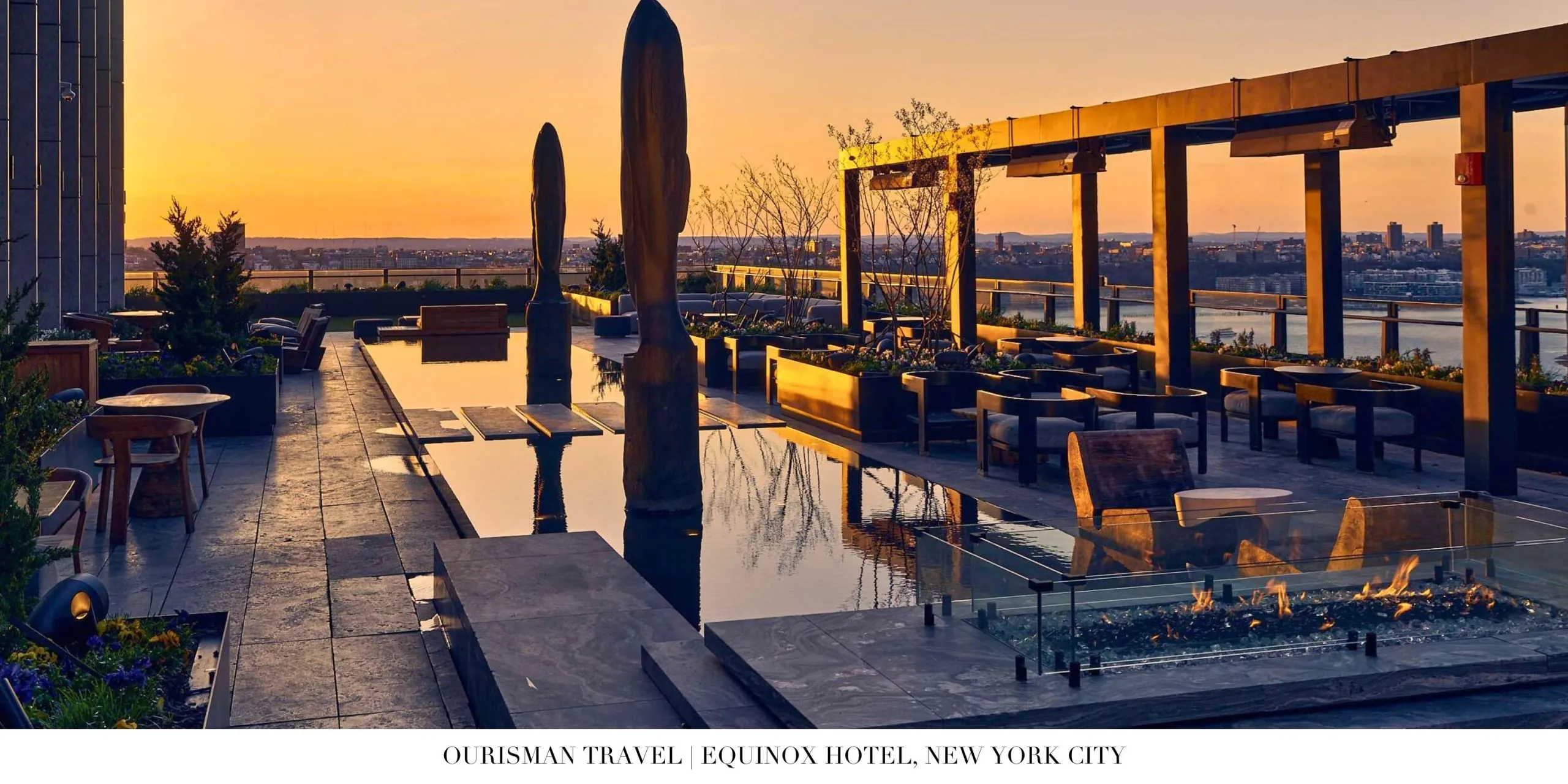 Outdoor rooftop pool with panoramic Manhattan skyline views at Equinox Hotel New York City