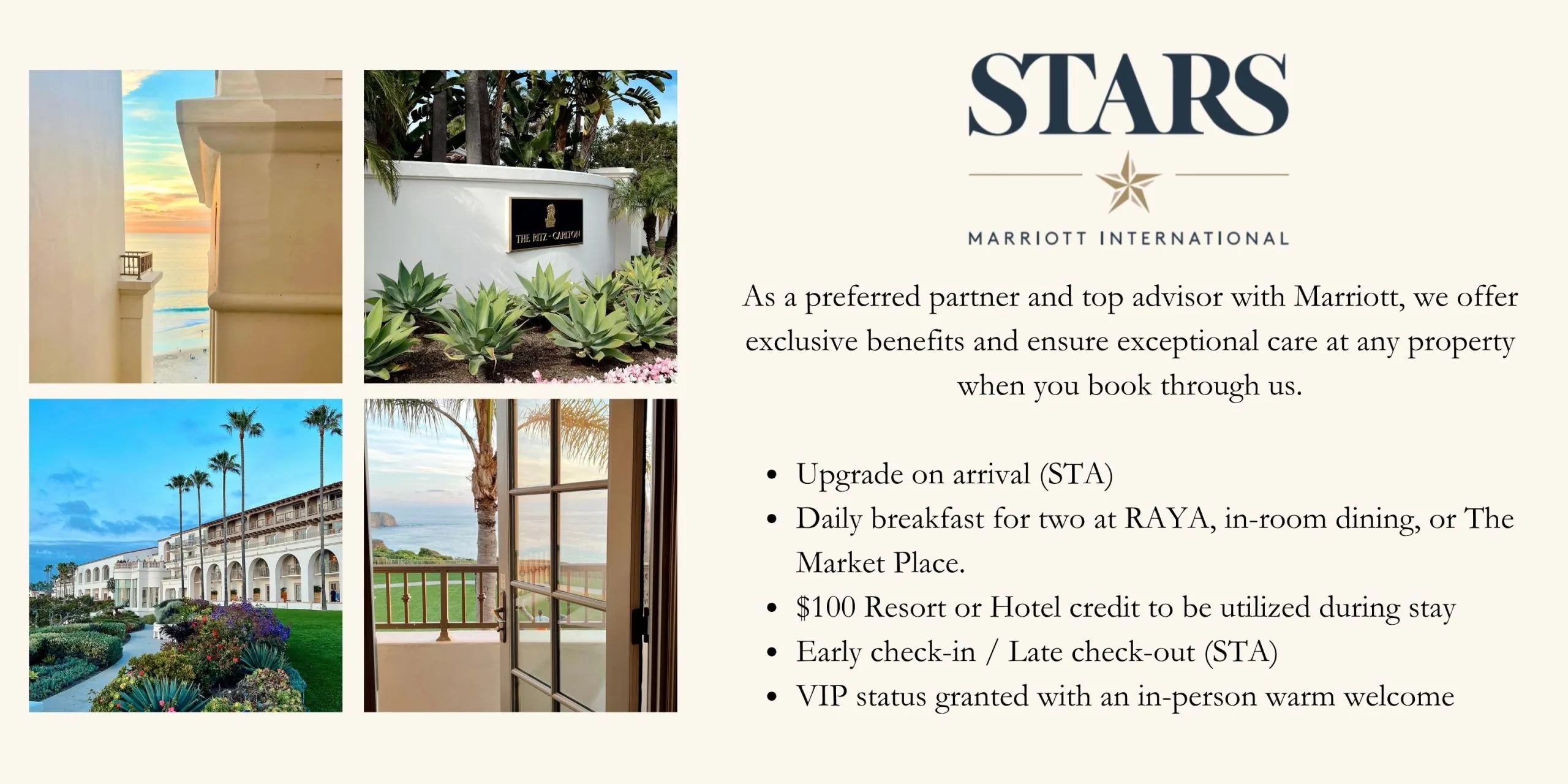 Exclusive Marriott Stars amenities at The Ritz-Carlton, Laguna Niguel, including welcome gifts and personalized services