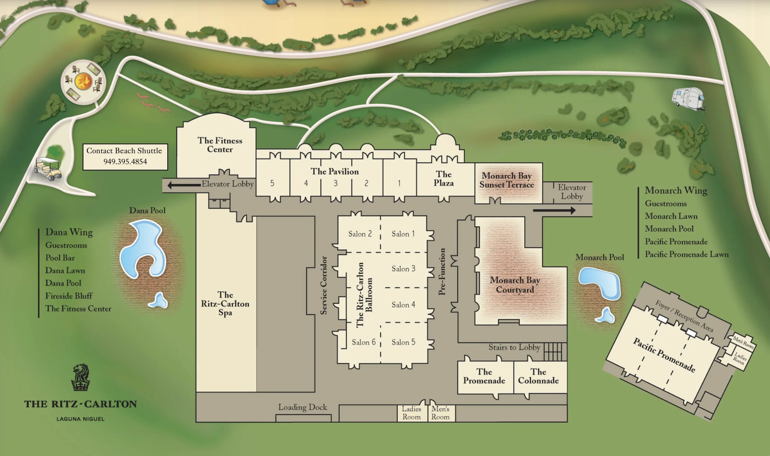 Resort map of The Ritz-Carlton, Laguna Niguel highlighting property layout and amenities
