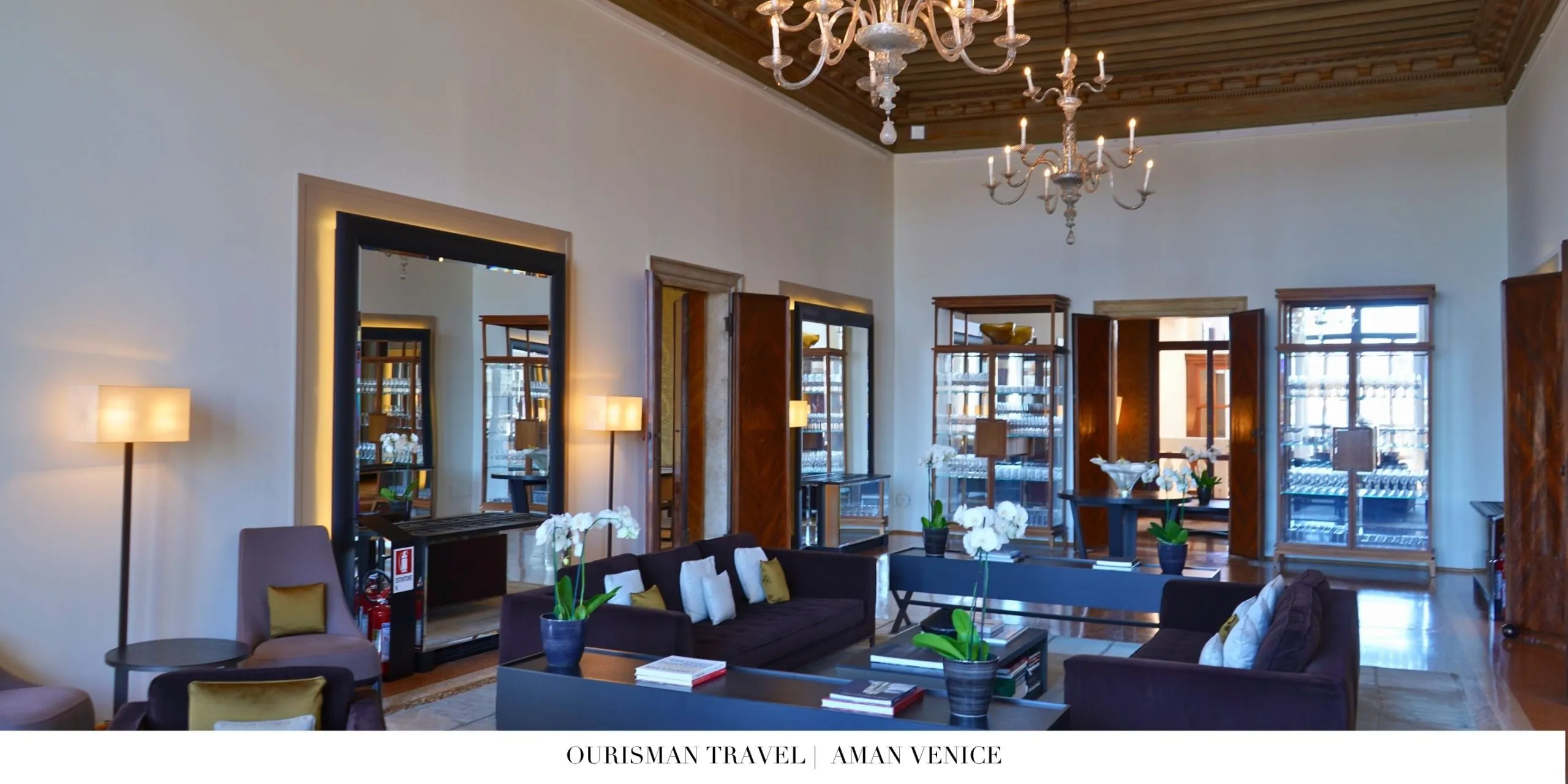 Aman Venice common areas with elegant seating and bar ambiance