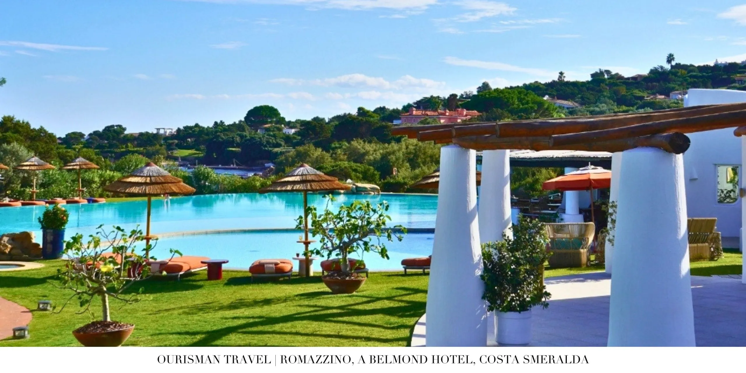 Poolside loungers at Romazzino Belmond shaded by umbrellas and greenery