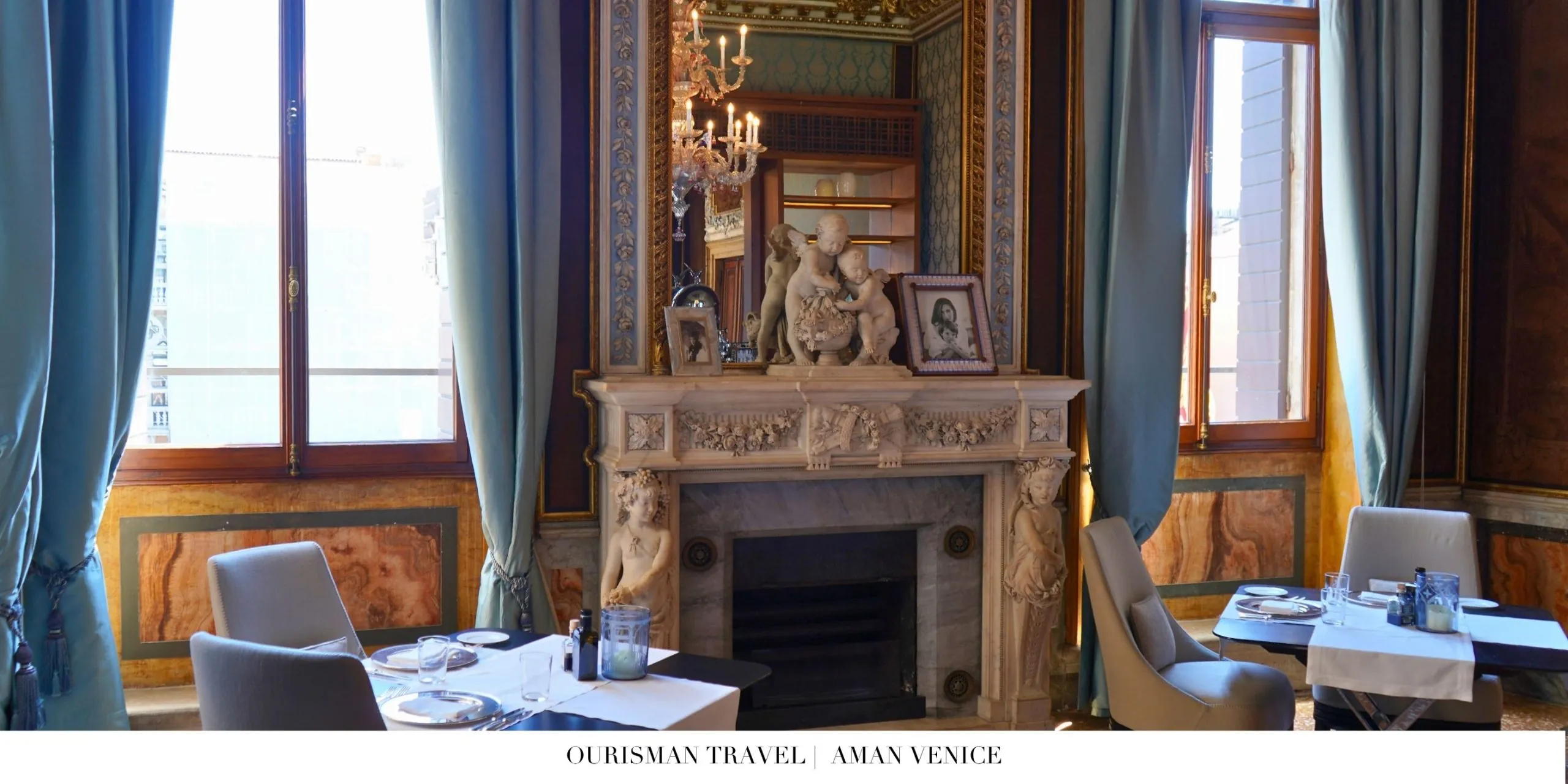 Sophisticated dining area at Aman Venice with classic Venetian architecture throughout