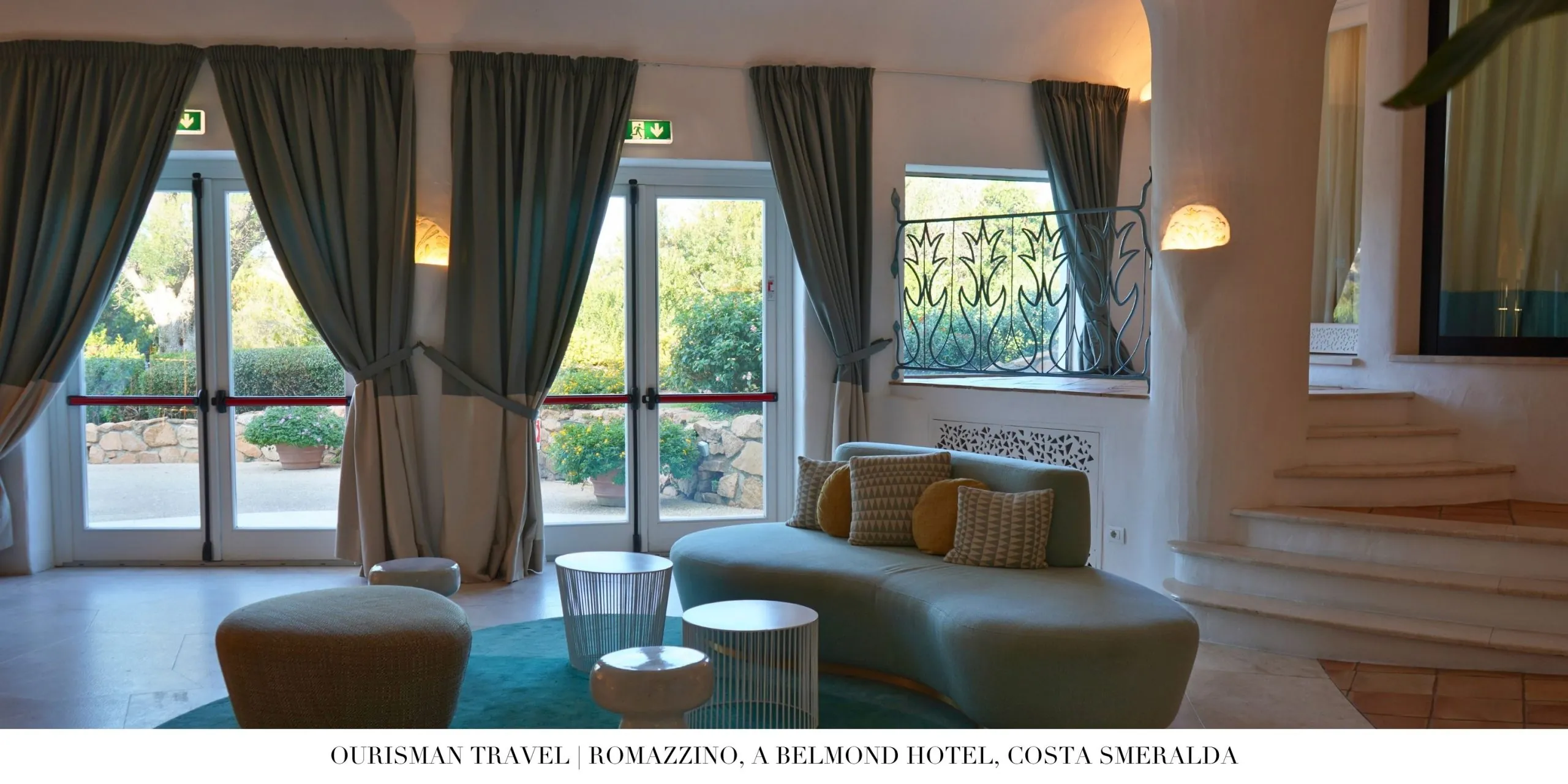 Lobby interior at Romazzino Belmond featuring airy design and Sardinian craftsmanship
