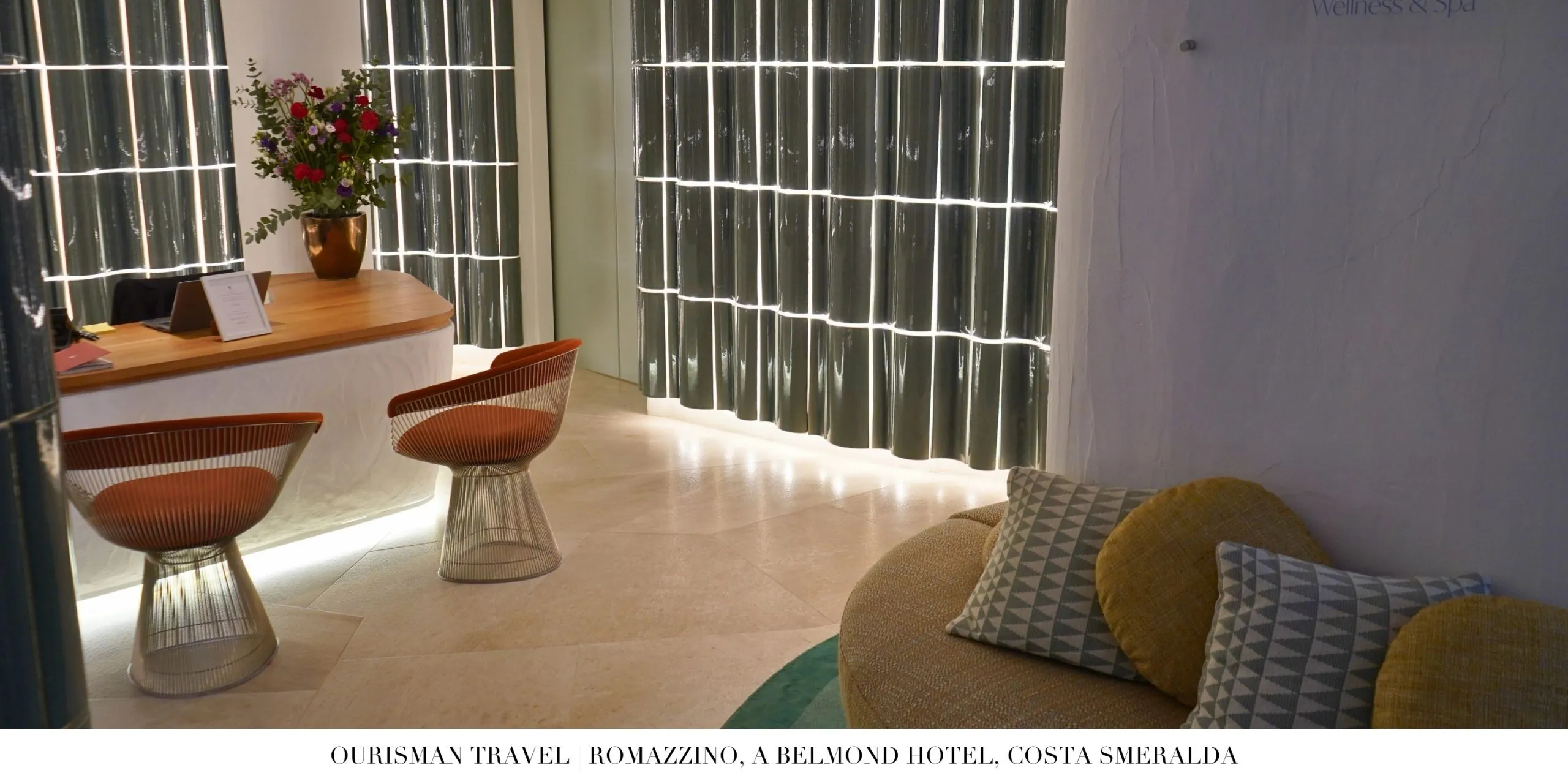 Lobby interior at Romazzino Belmond featuring airy design and Sardinian craftsmanship