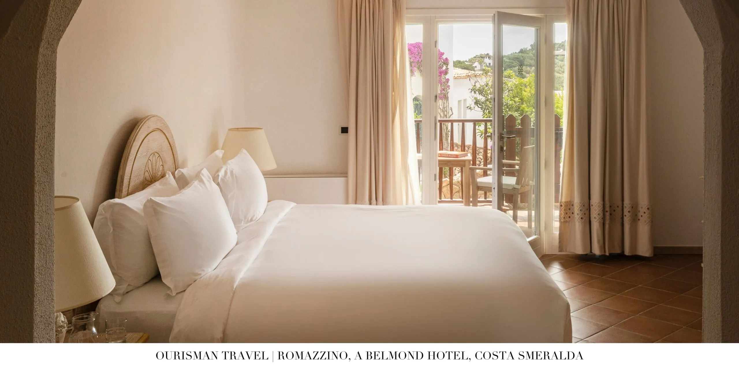 Sunset-lit room at Romazzino Belmond with warm tones and private balcony views