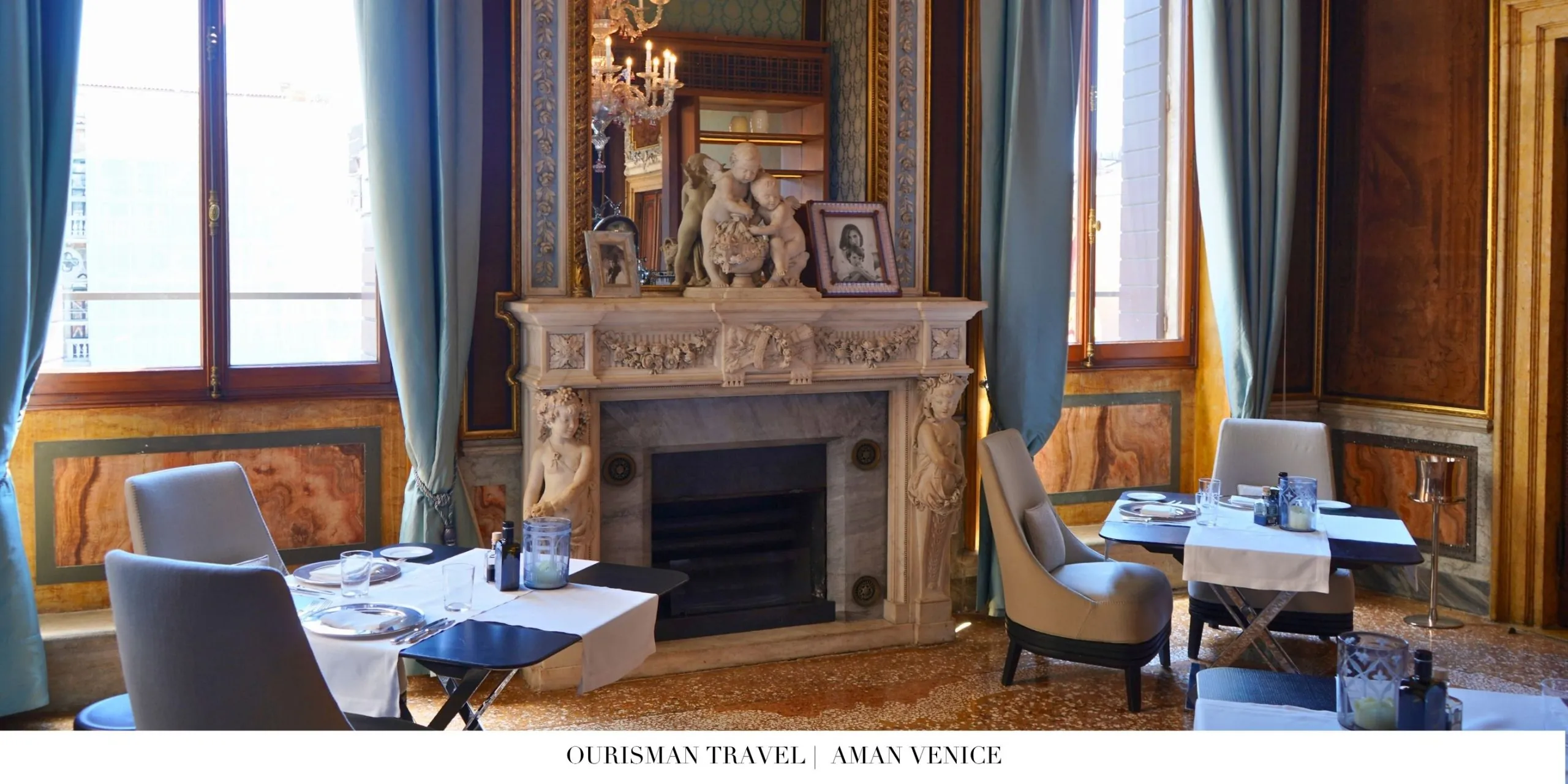 Elegant restaurant interior at Aman Venice overlooking the Grand Canal