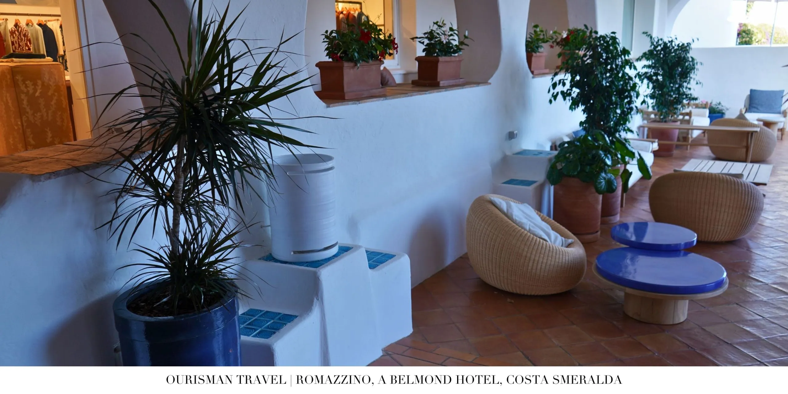 Lobby interior at Romazzino Belmond featuring airy design and Sardinian craftsmanship