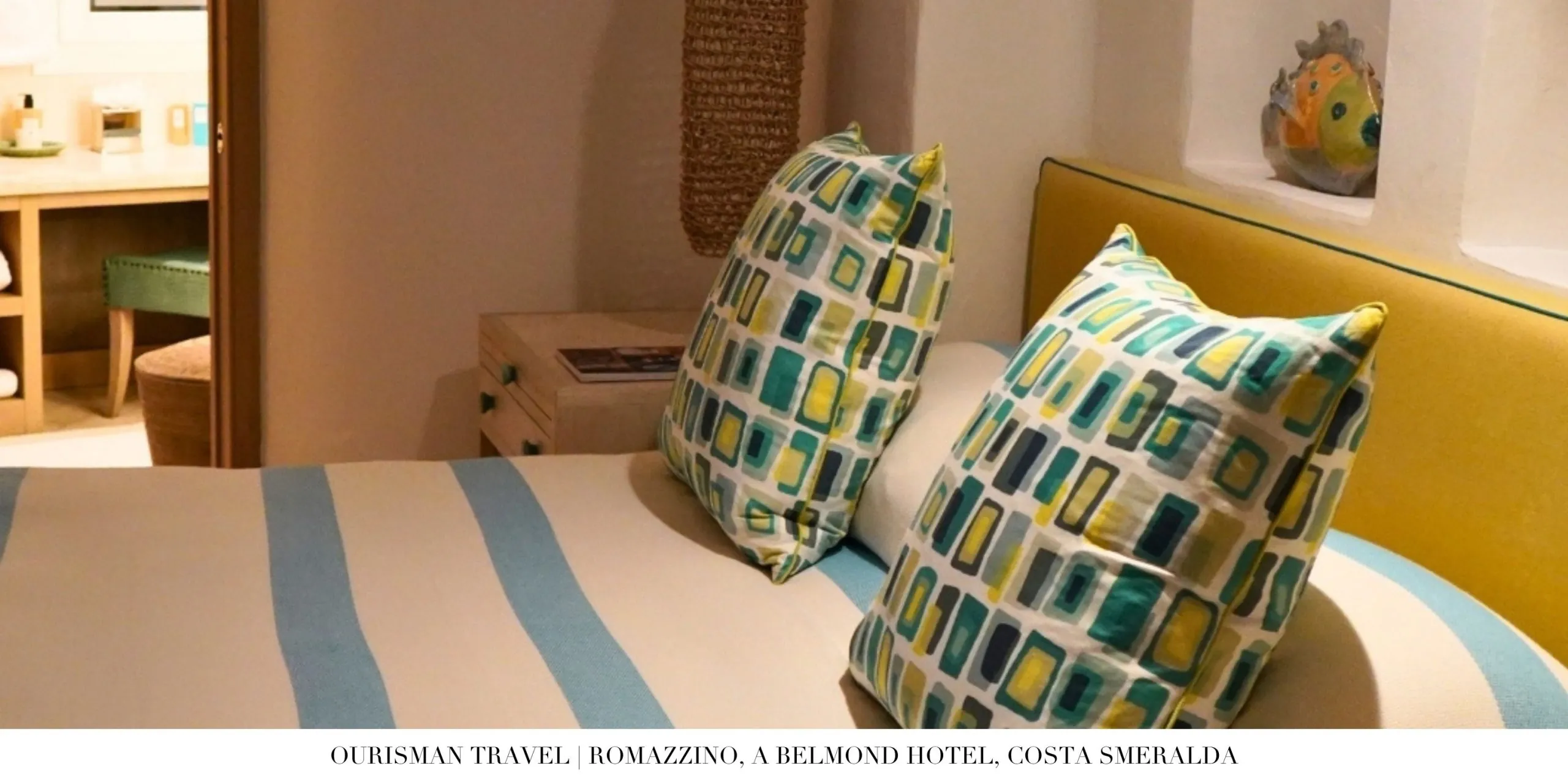 Bright guest room at Romazzino Belmond with Sardinian design accents