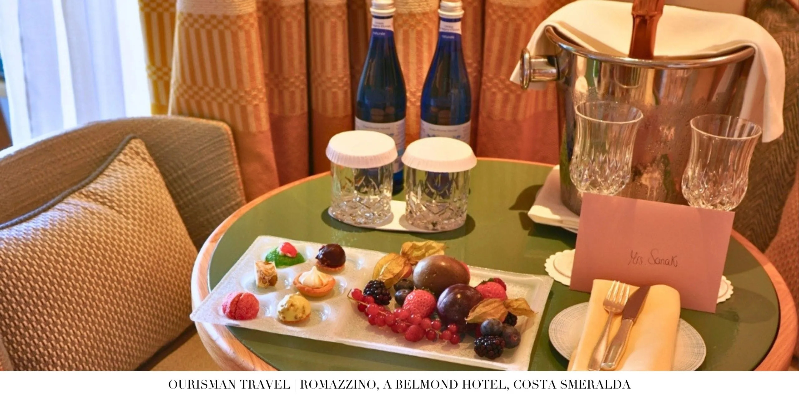 Welcome amenities at Romazzino, A Belmond Hotel featuring curated in-room touches and locally inspired arrival details by booking with a bellini club advisor