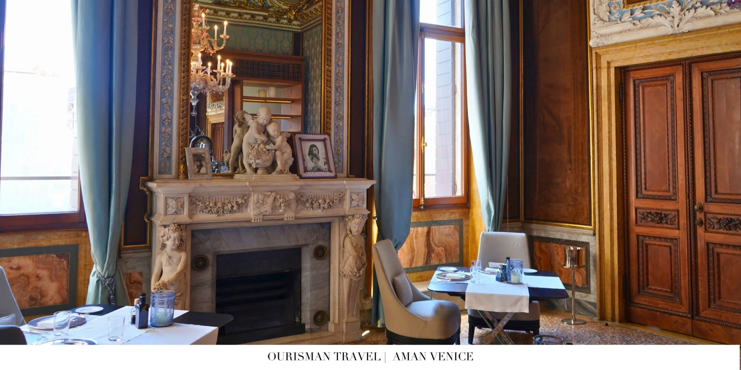 Aman Venice restaurant interior connected to ornate common spaces