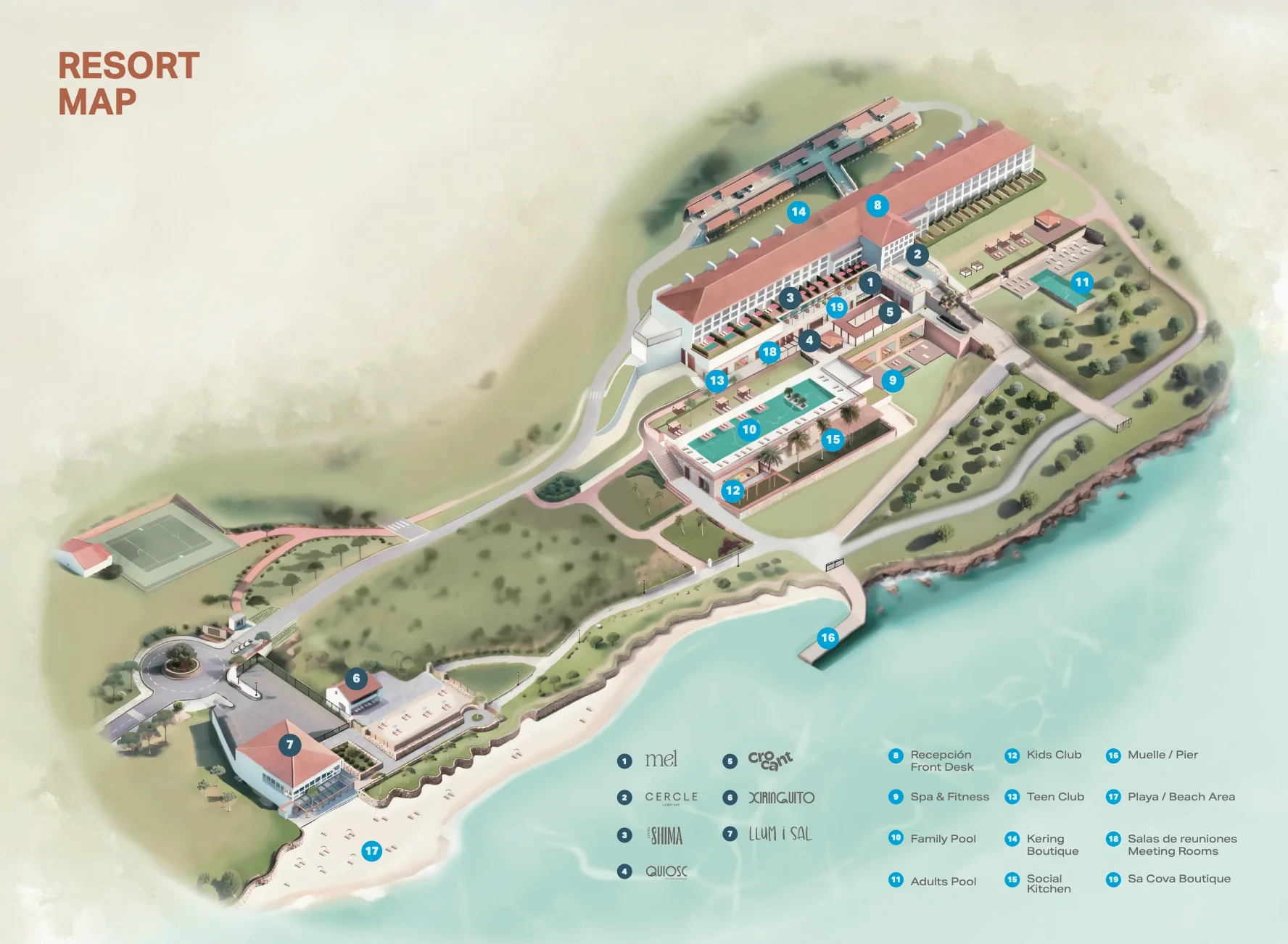 Resort map of Four Seasons Resort Whistler highlighting restaurants, spa, pools, kids club, and boutique