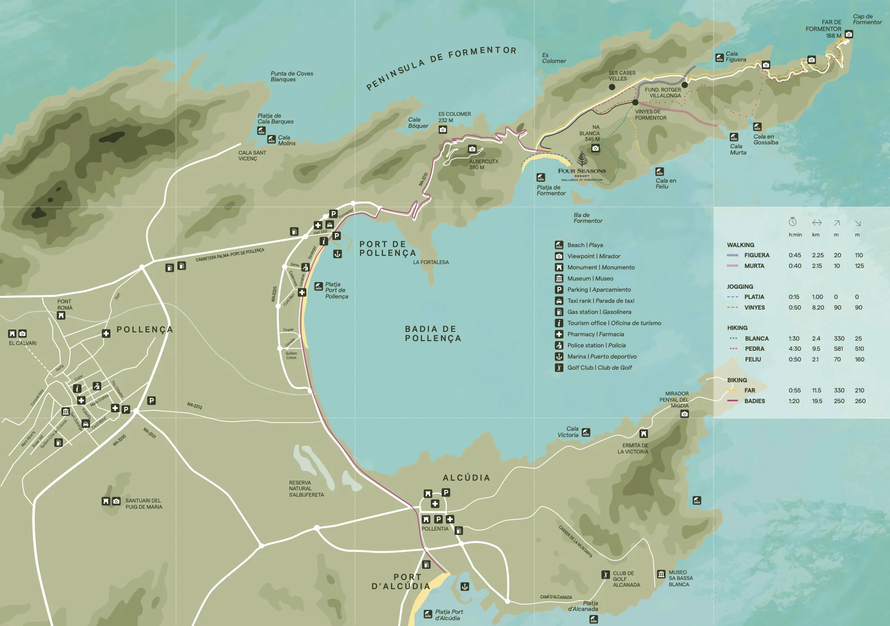 Map of the Formentor Peninsula showing coastline, beaches, and surrounding landscape in Mallorca