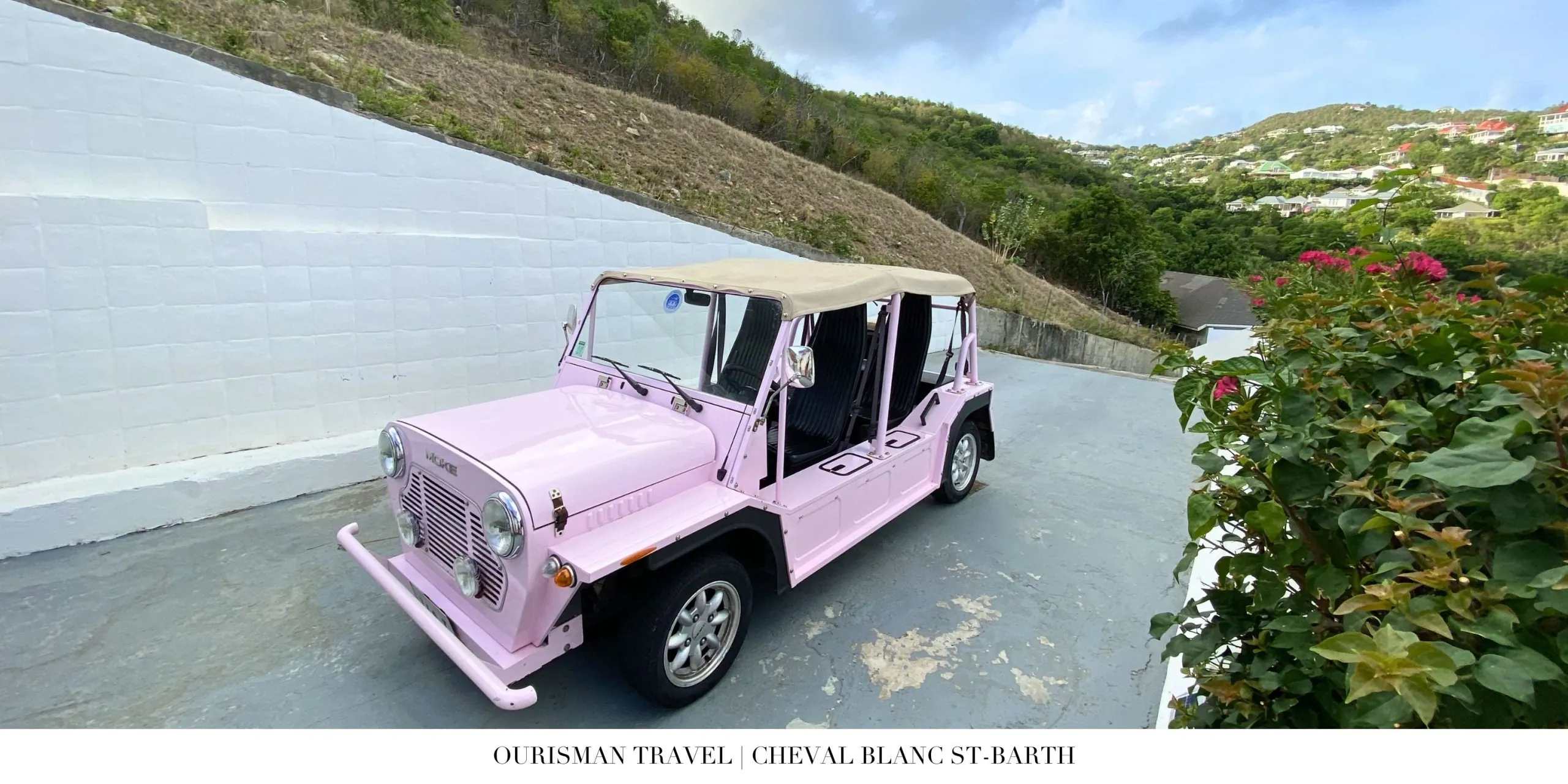 Signature pink buggy transporting guests around Cheval Blanc St-Barth