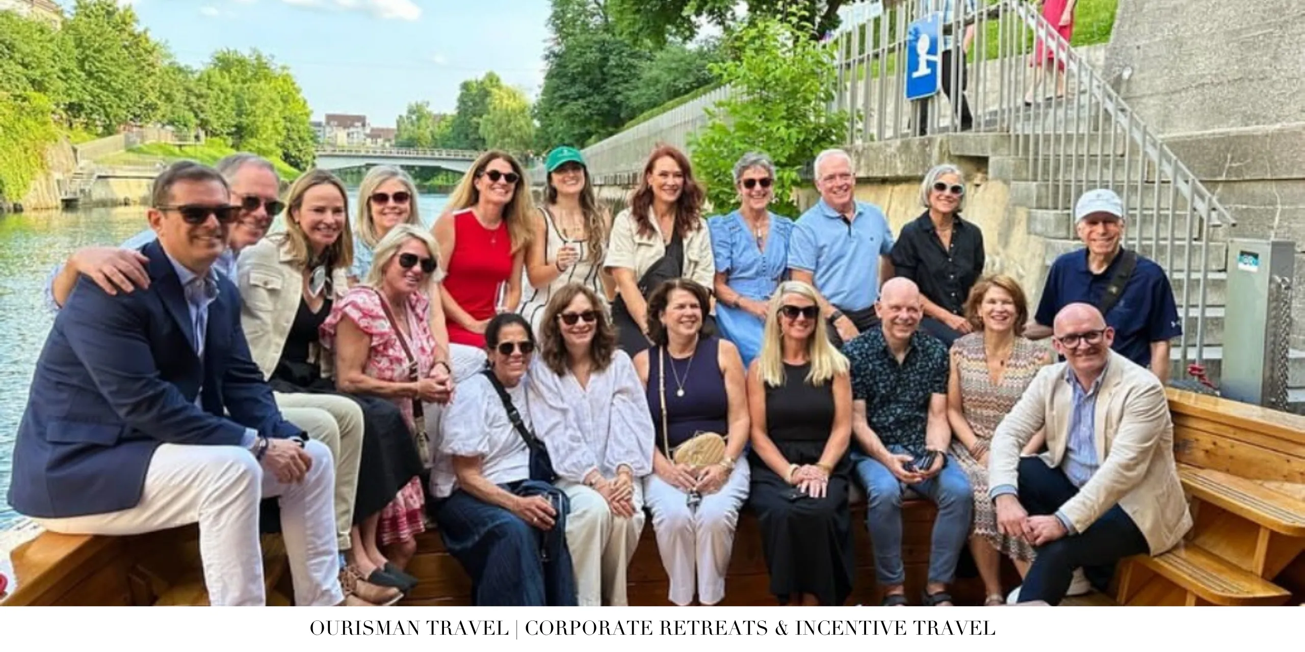 Corporate retreat attendees gathered aboard a canal boat during a group excursion