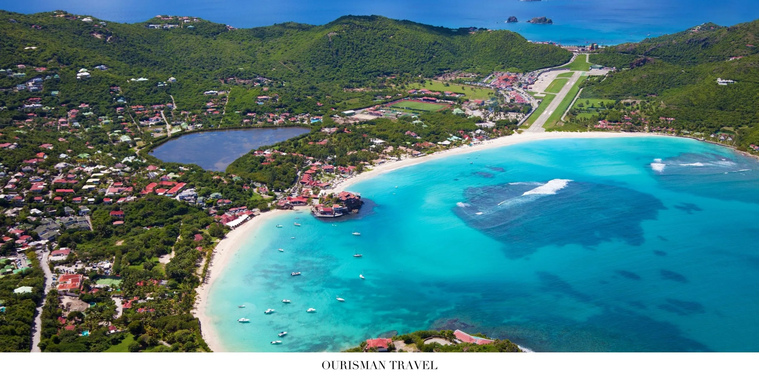 Panoramic aerial view of St. Barth with pristine beaches and Caribbean coastline