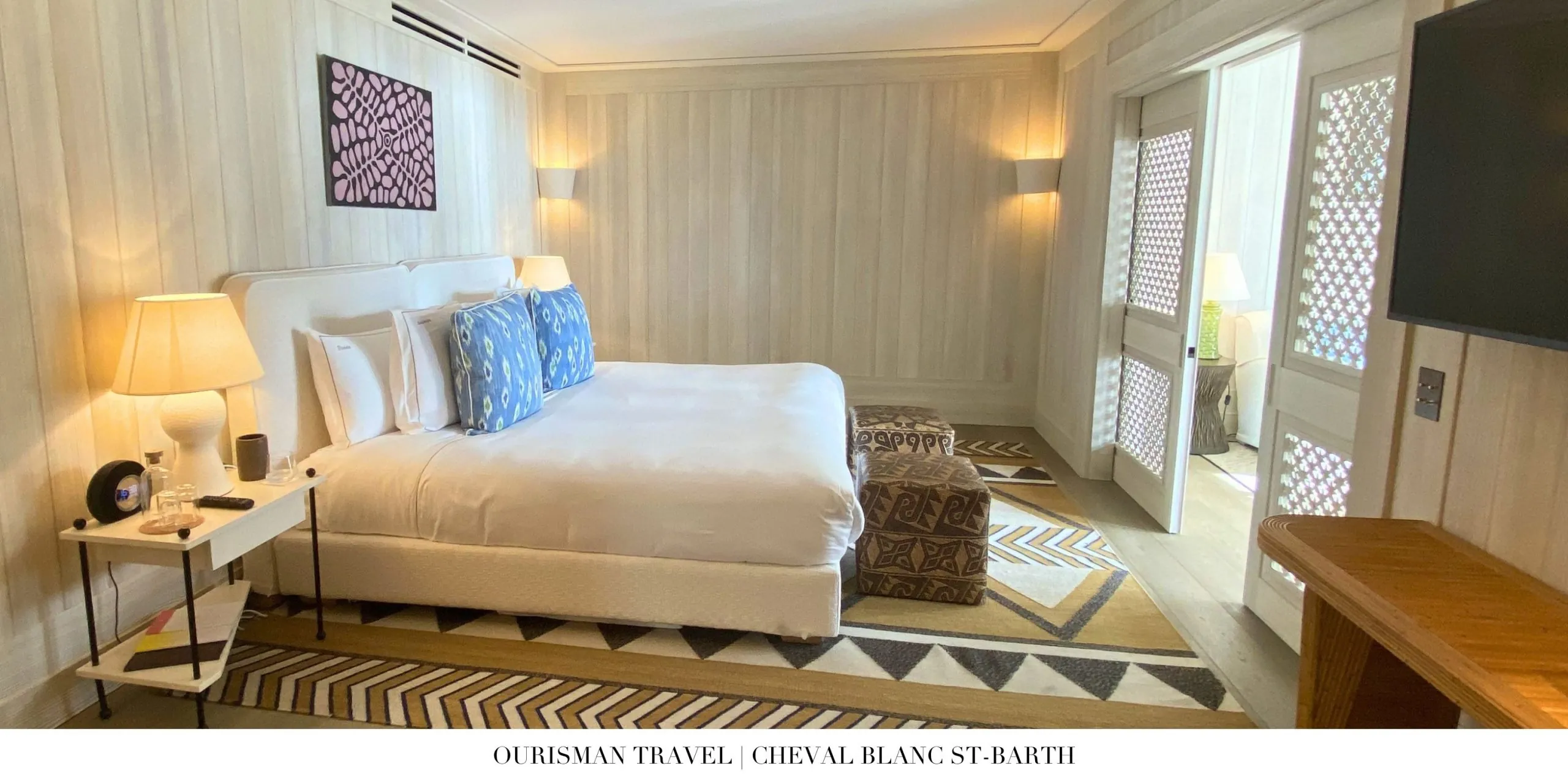 Luxury bedroom at Cheval Blanc St-Barth with ocean-inspired decor