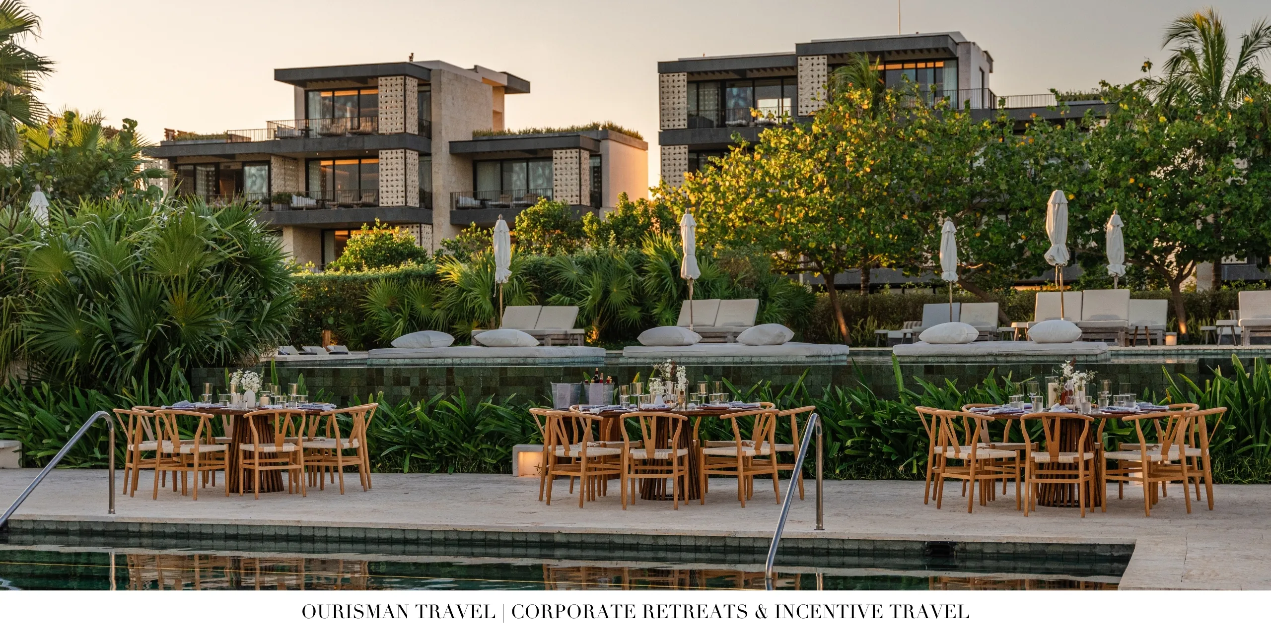 Private outdoor dinner setup beside a luxury resort pool for a corporate retreat